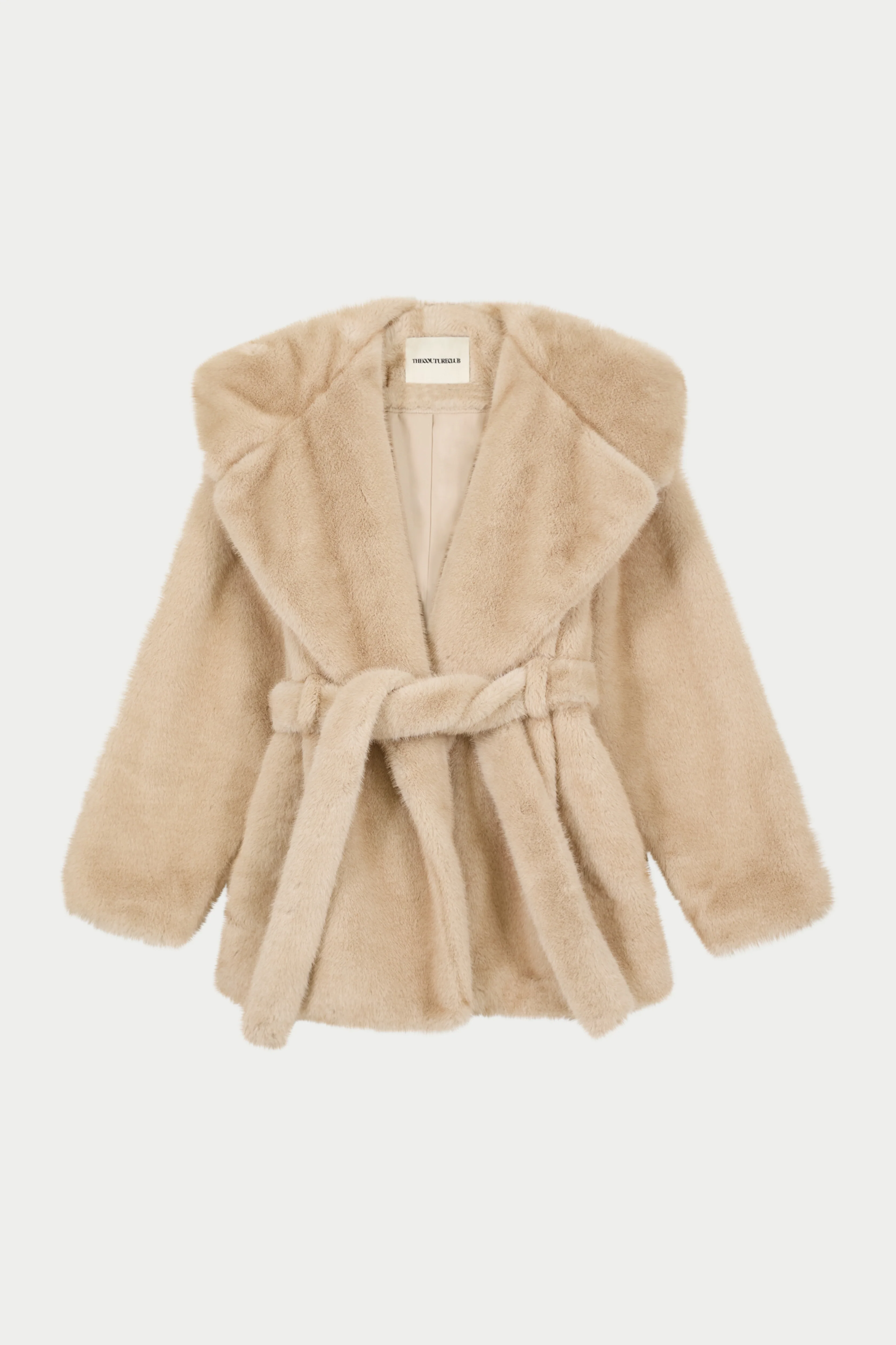 BELTED FAUX FUR HOODED COAT - BEIGE
