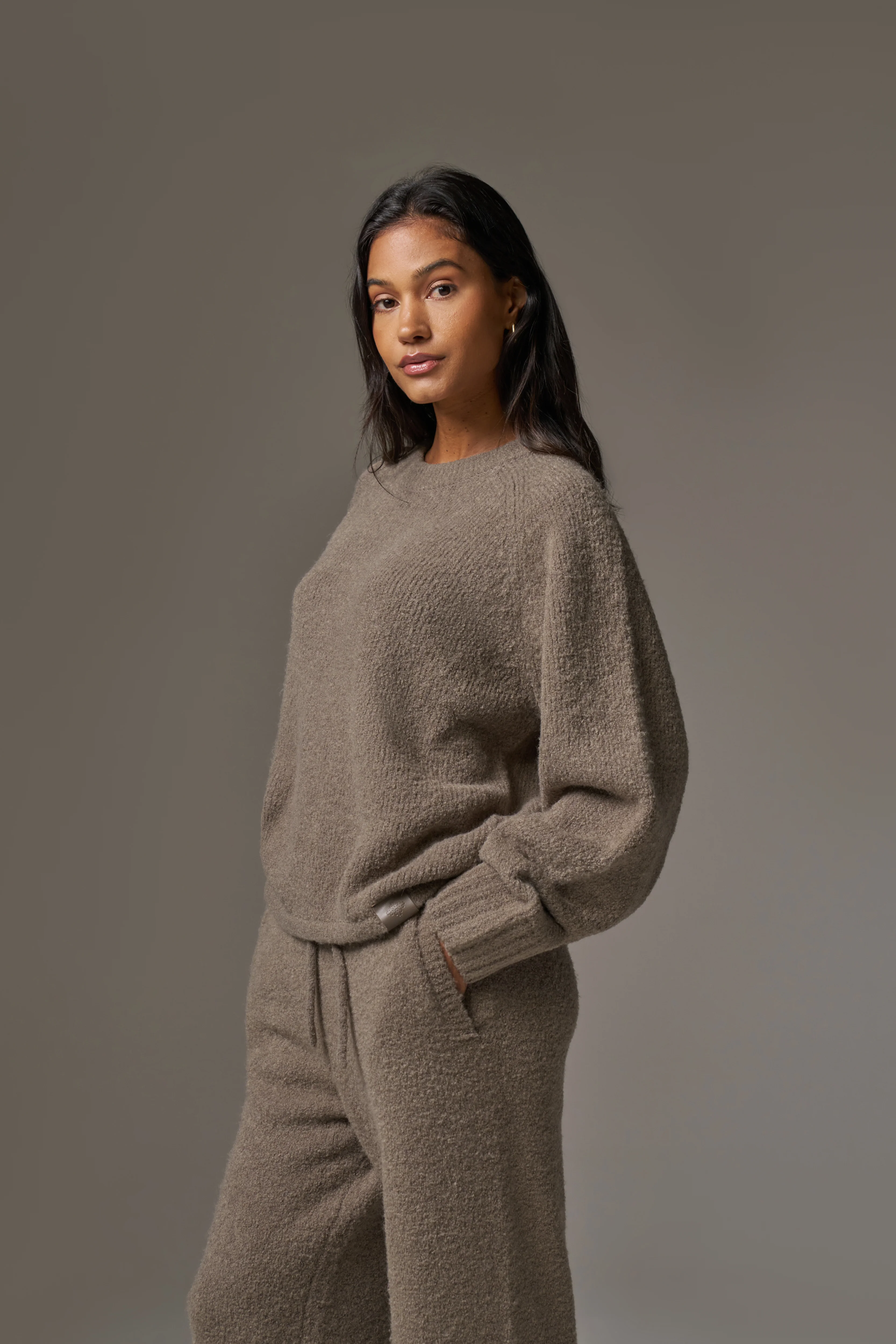 BOUCLE KNIT RAGLAN CREW - BROWN - Image 9