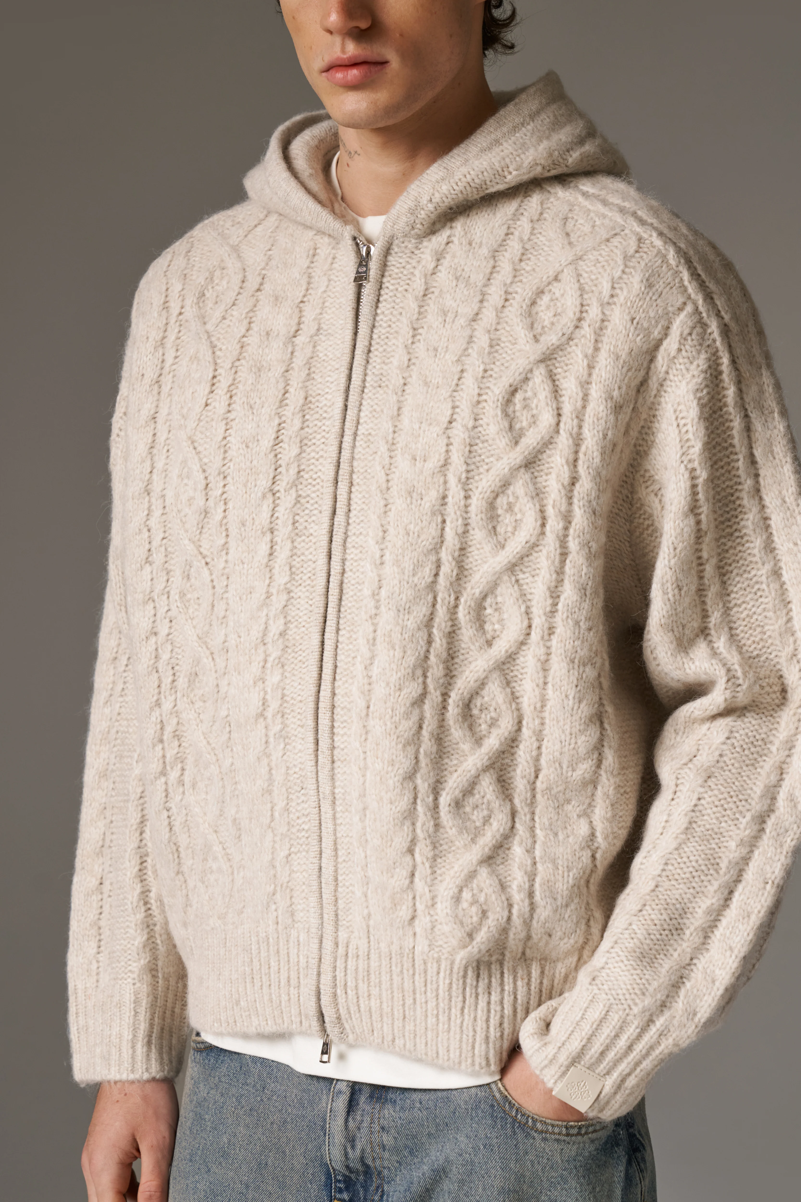 CABLE KNIT ZIP THROUGH HOODIE - STONE - Image 4