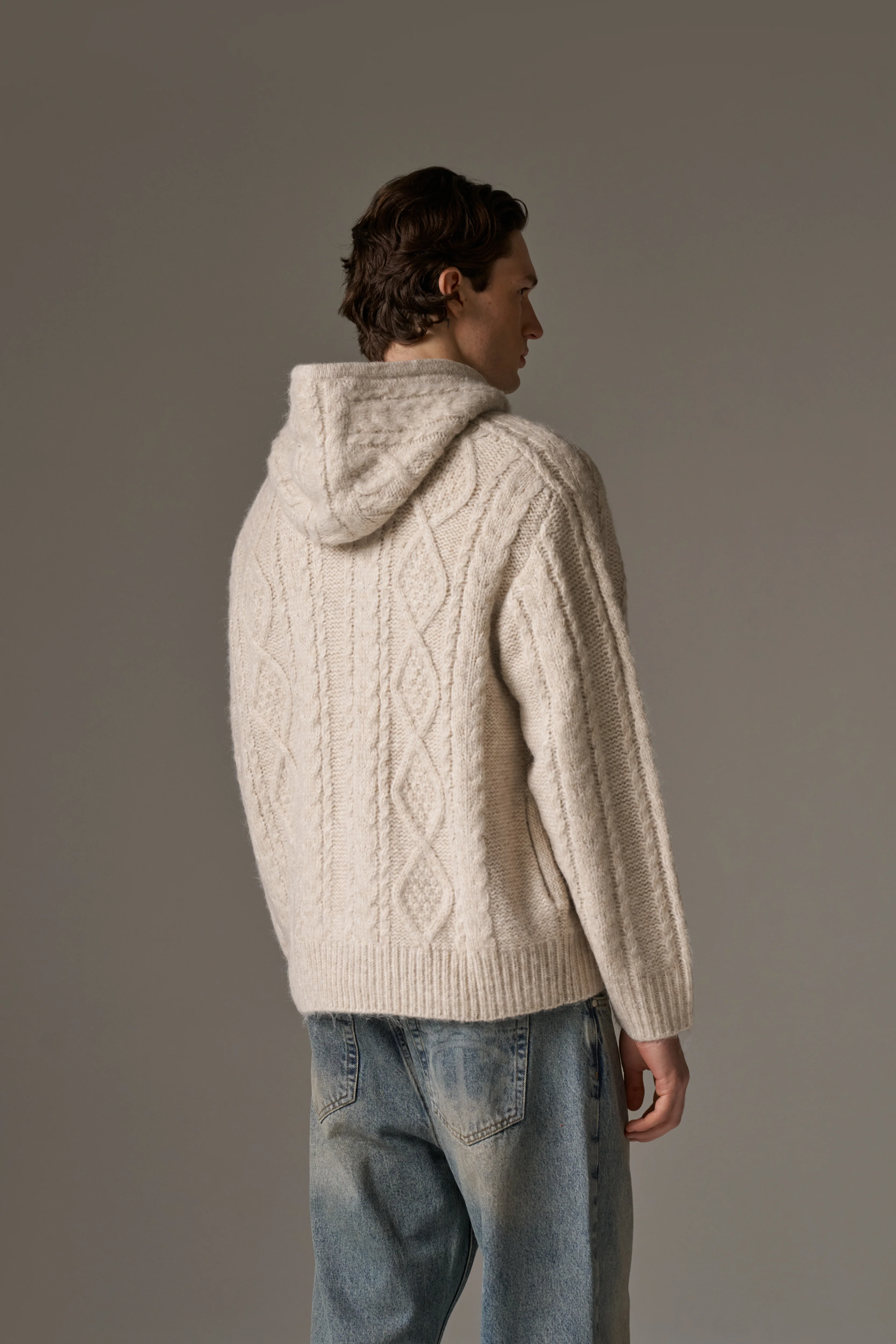 CABLE KNIT ZIP THROUGH HOODIE - STONE - Image 6