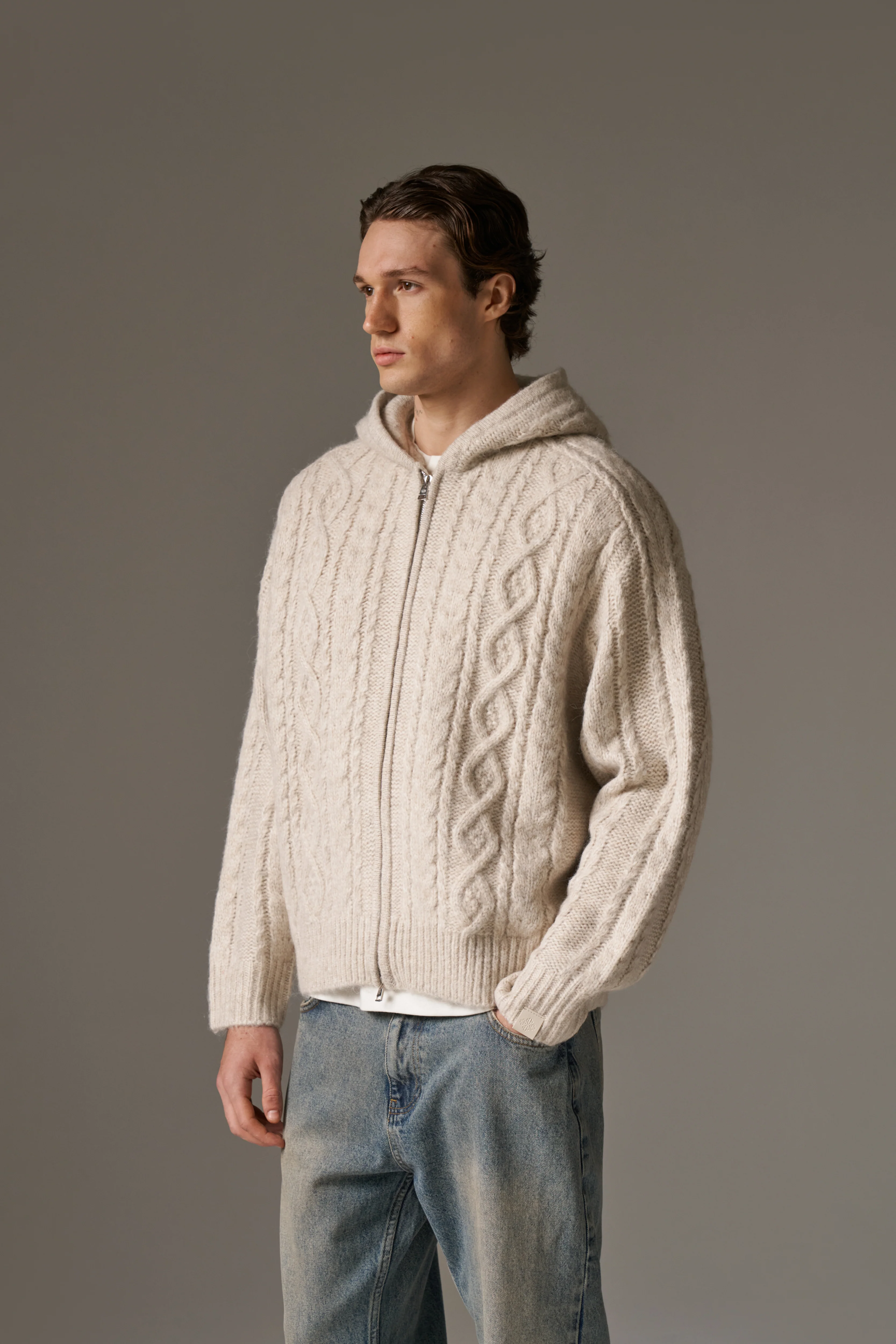 CABLE KNIT ZIP THROUGH HOODIE - STONE - Image 7