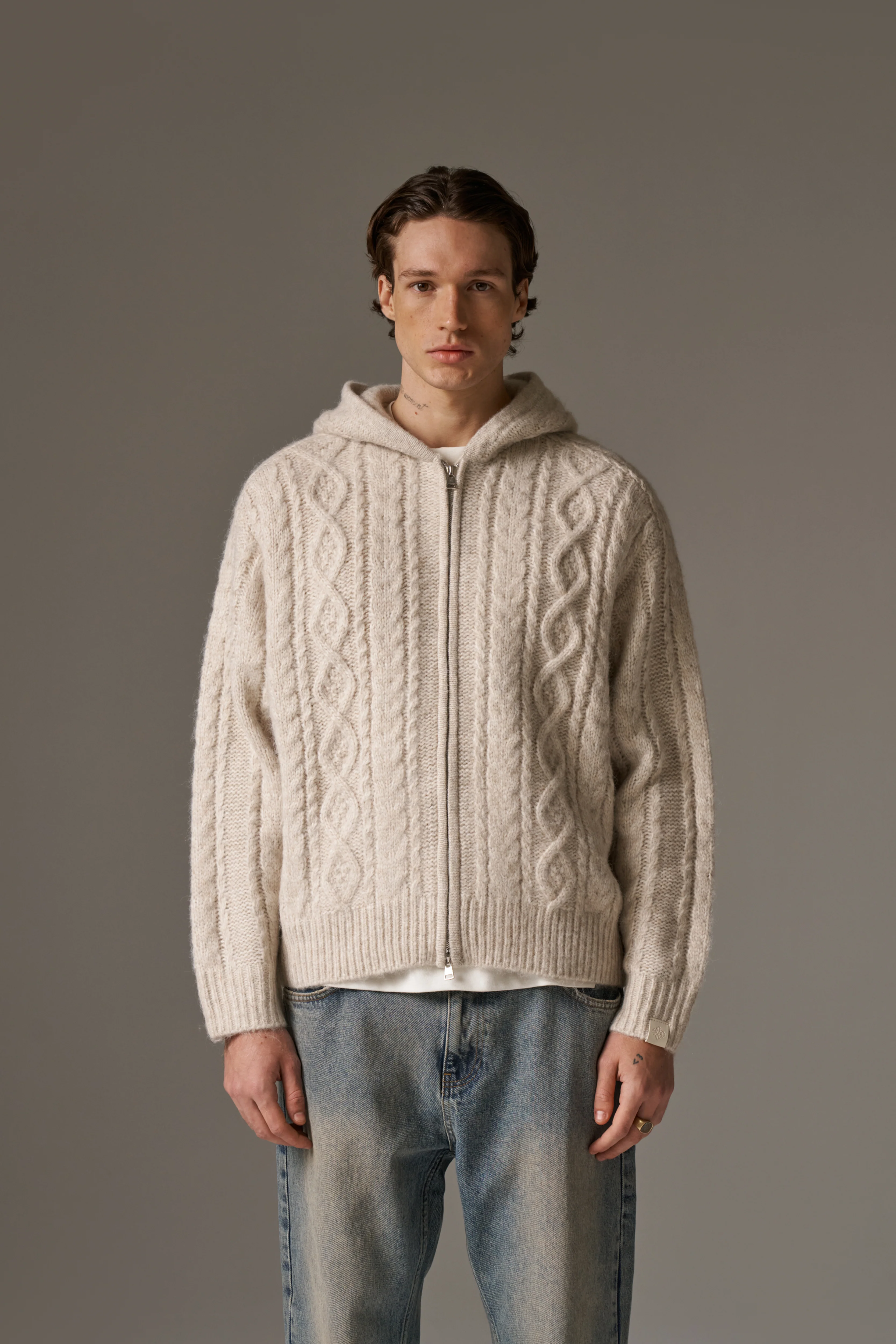 CABLE KNIT ZIP THROUGH HOODIE - STONE - Image 8