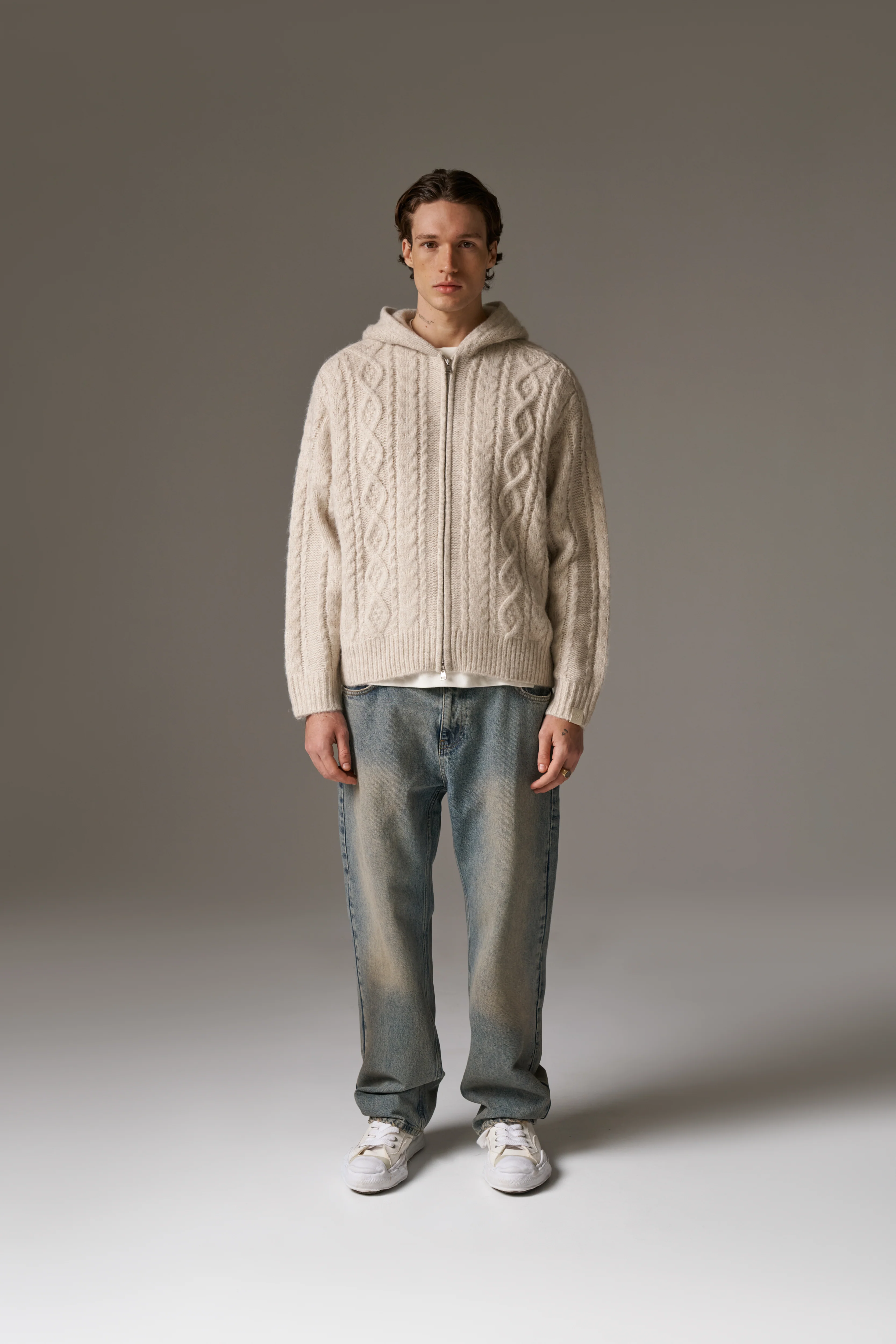 CABLE KNIT ZIP THROUGH HOODIE - STONE - Image 9
