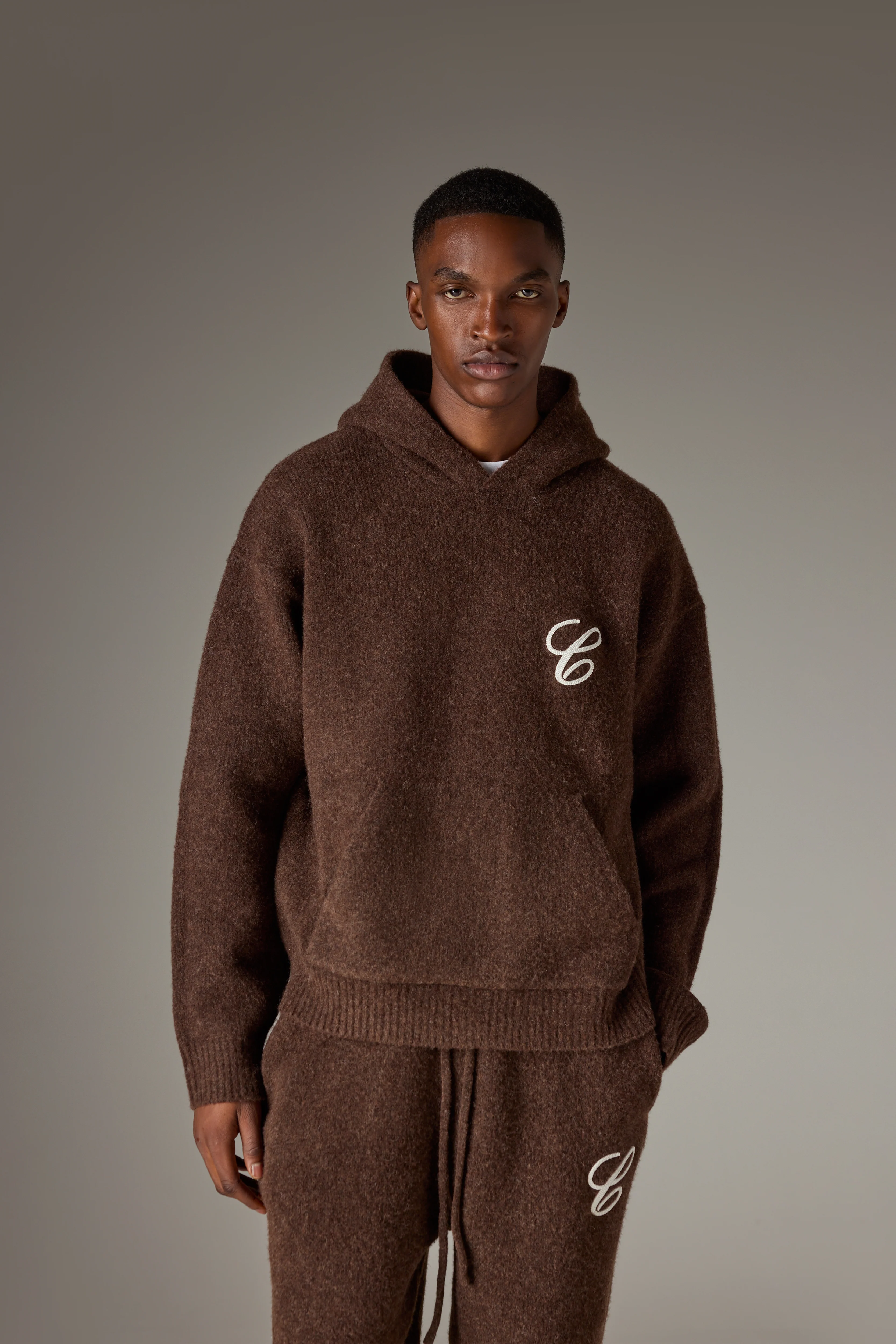 CHAINSTITCH EMBROIDERY KNITTED HOODIE - BROWN - Image 2