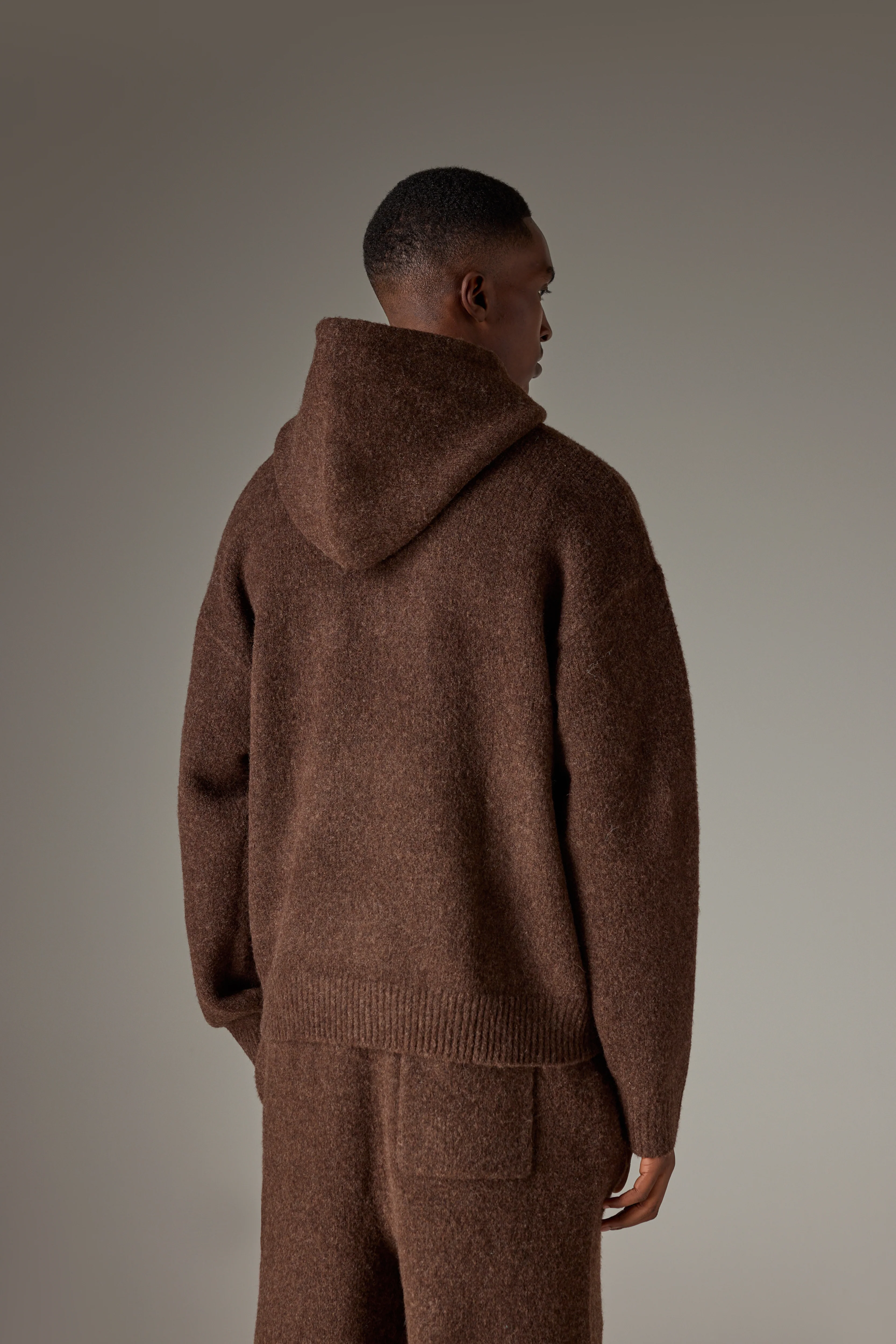 CHAINSTITCH EMBROIDERY KNITTED HOODIE - BROWN - Image 5