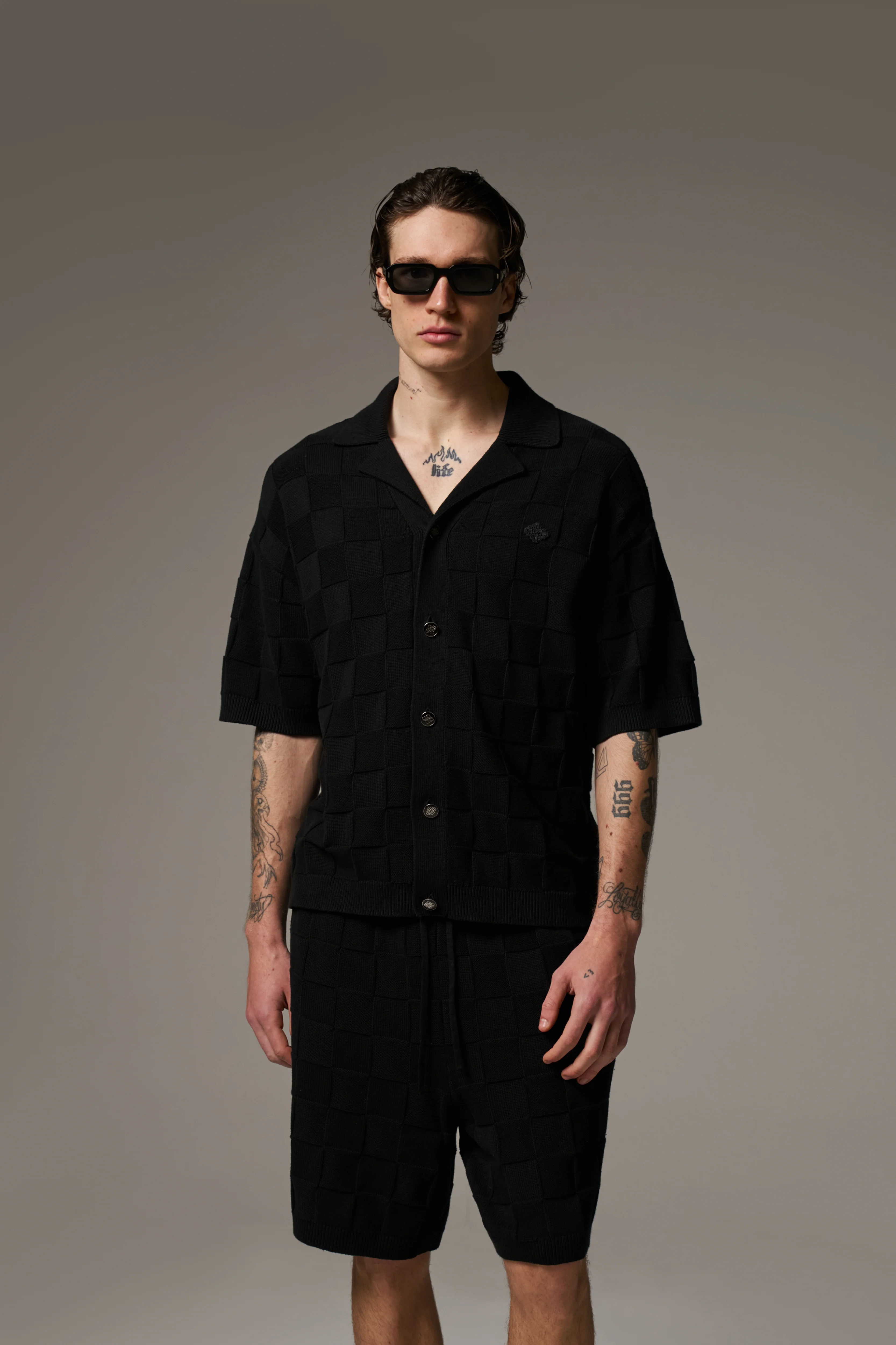 CHECKERBOARD KNITTED SHIRT - BLACK - Image 3