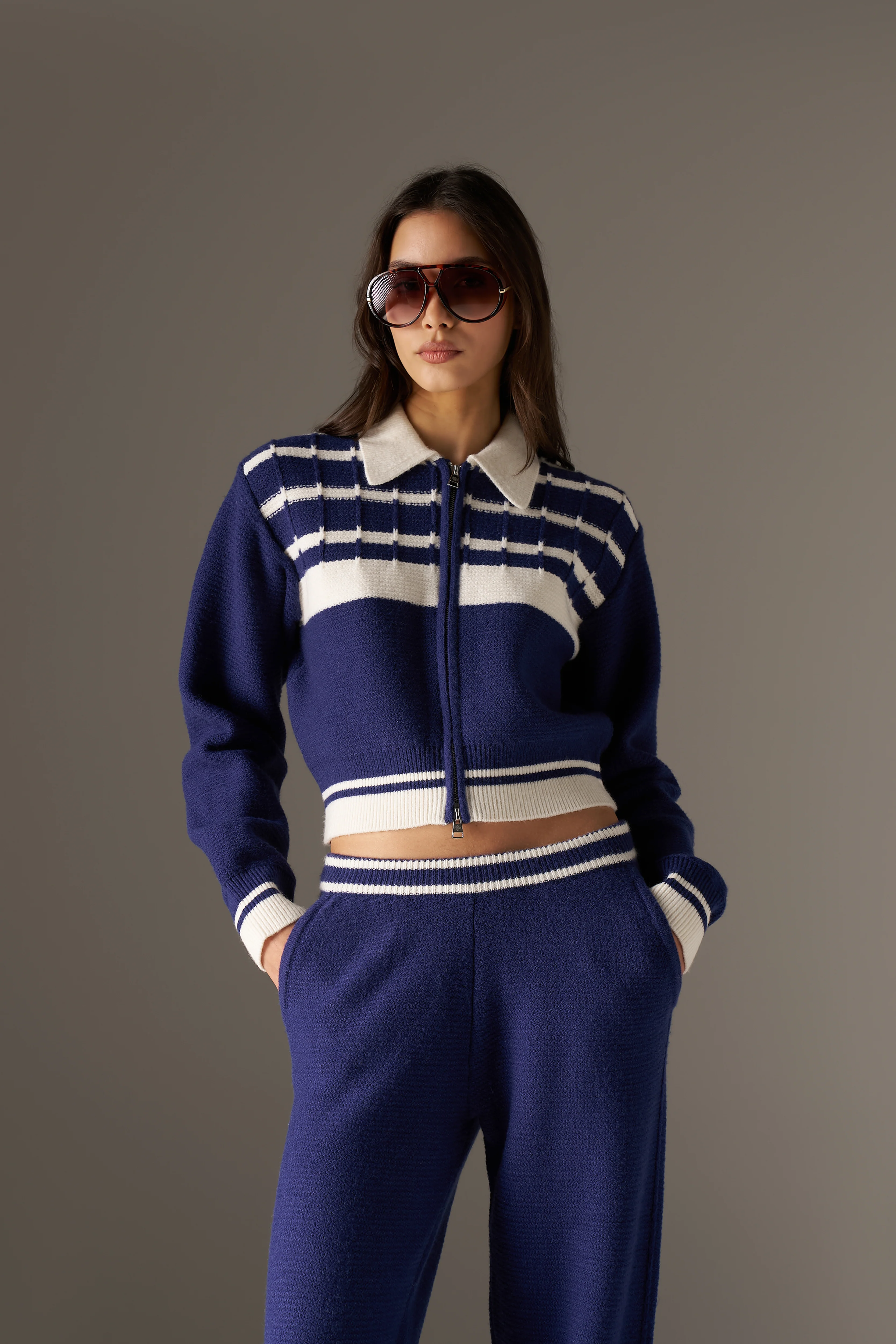 CONTRAST STRIPE KNITTED ZIP THROUGH - NAVY - Image 2