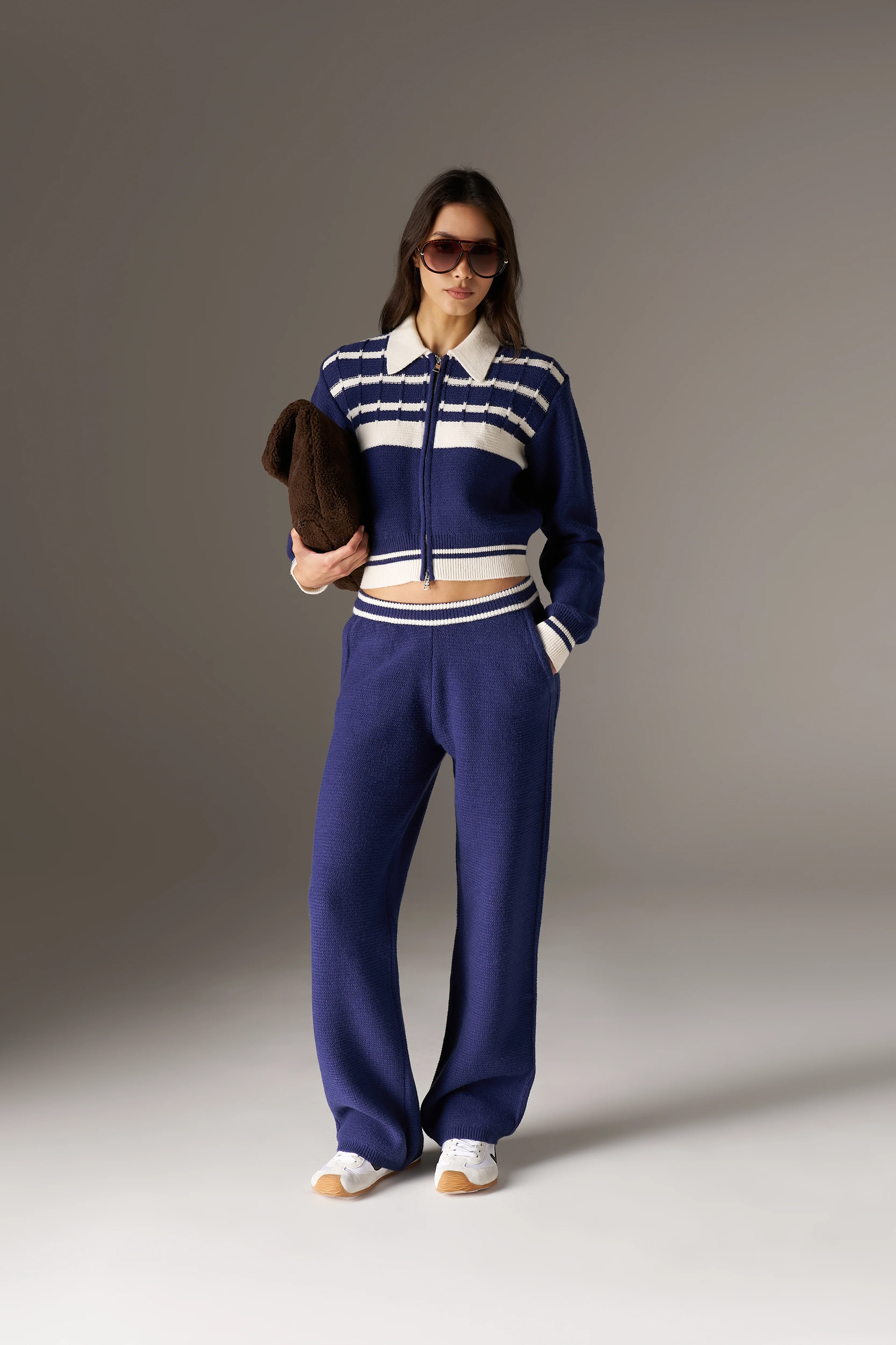 CONTRAST STRIPE KNITTED ZIP THROUGH - NAVY - Image 3