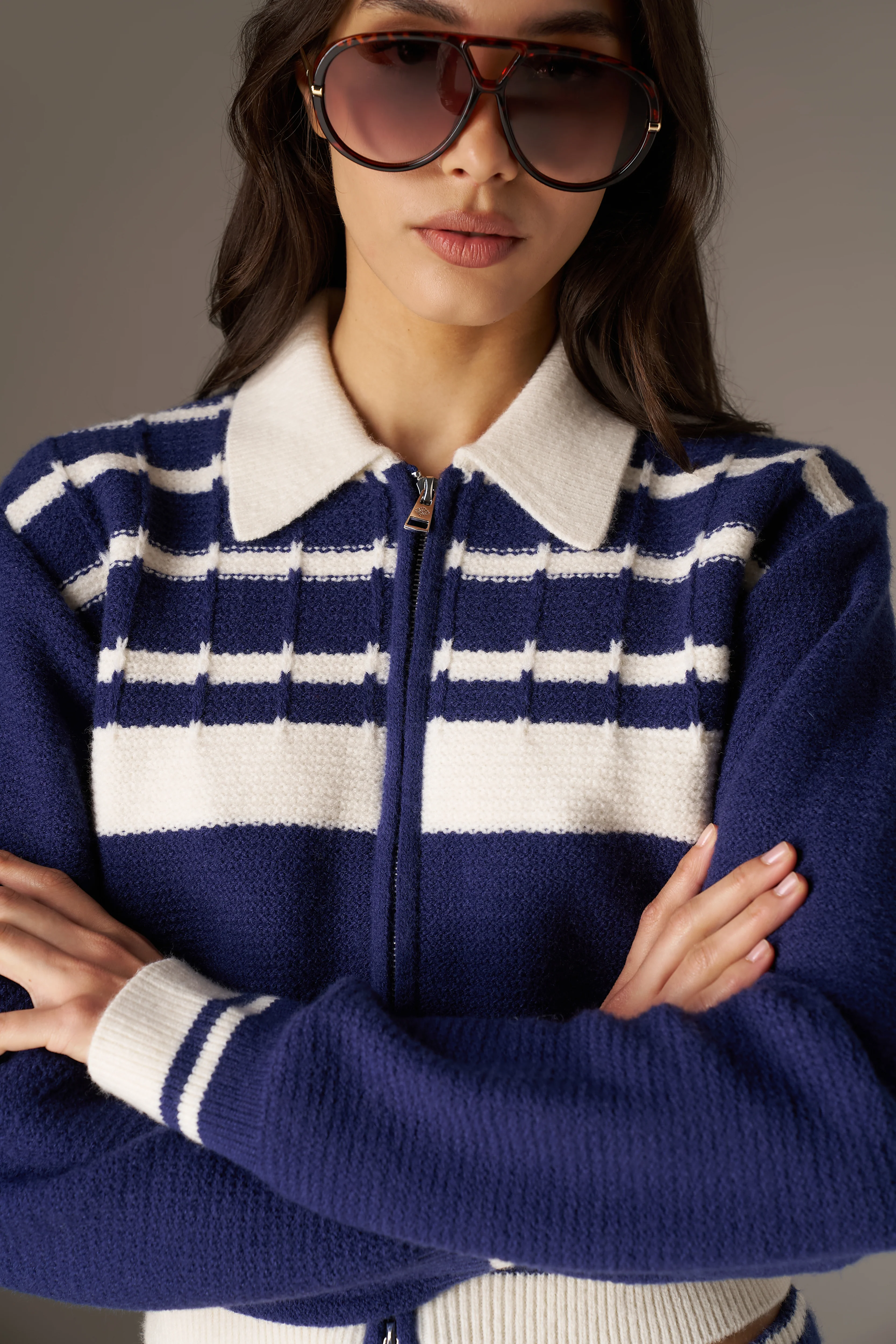 CONTRAST STRIPE KNITTED ZIP THROUGH - NAVY - Image 4