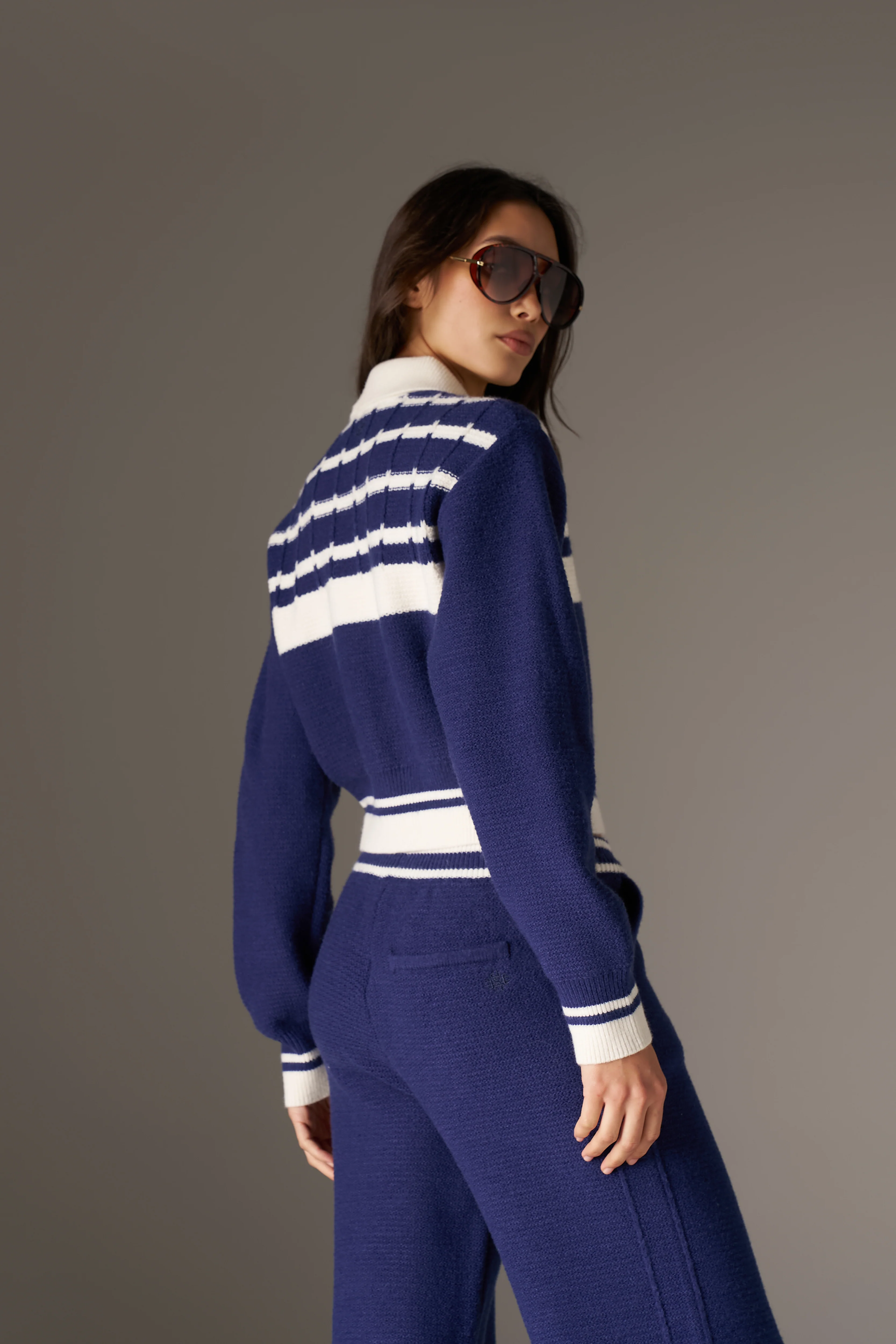 CONTRAST STRIPE KNITTED ZIP THROUGH - NAVY - Image 6