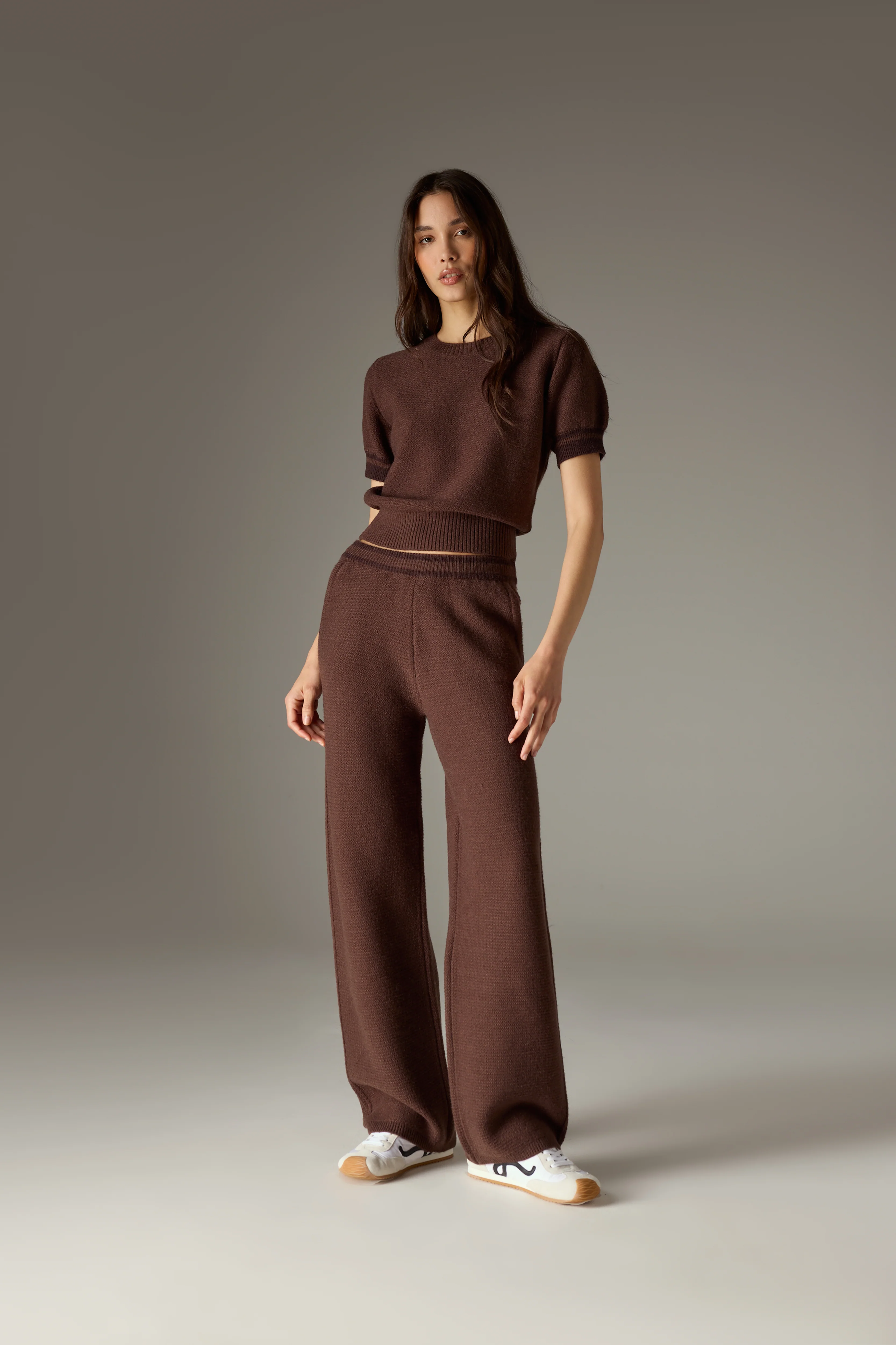 CONTRAST STRIPE SHORT SLEEVE KNIT TEE - CHOCOLATE - Image 3