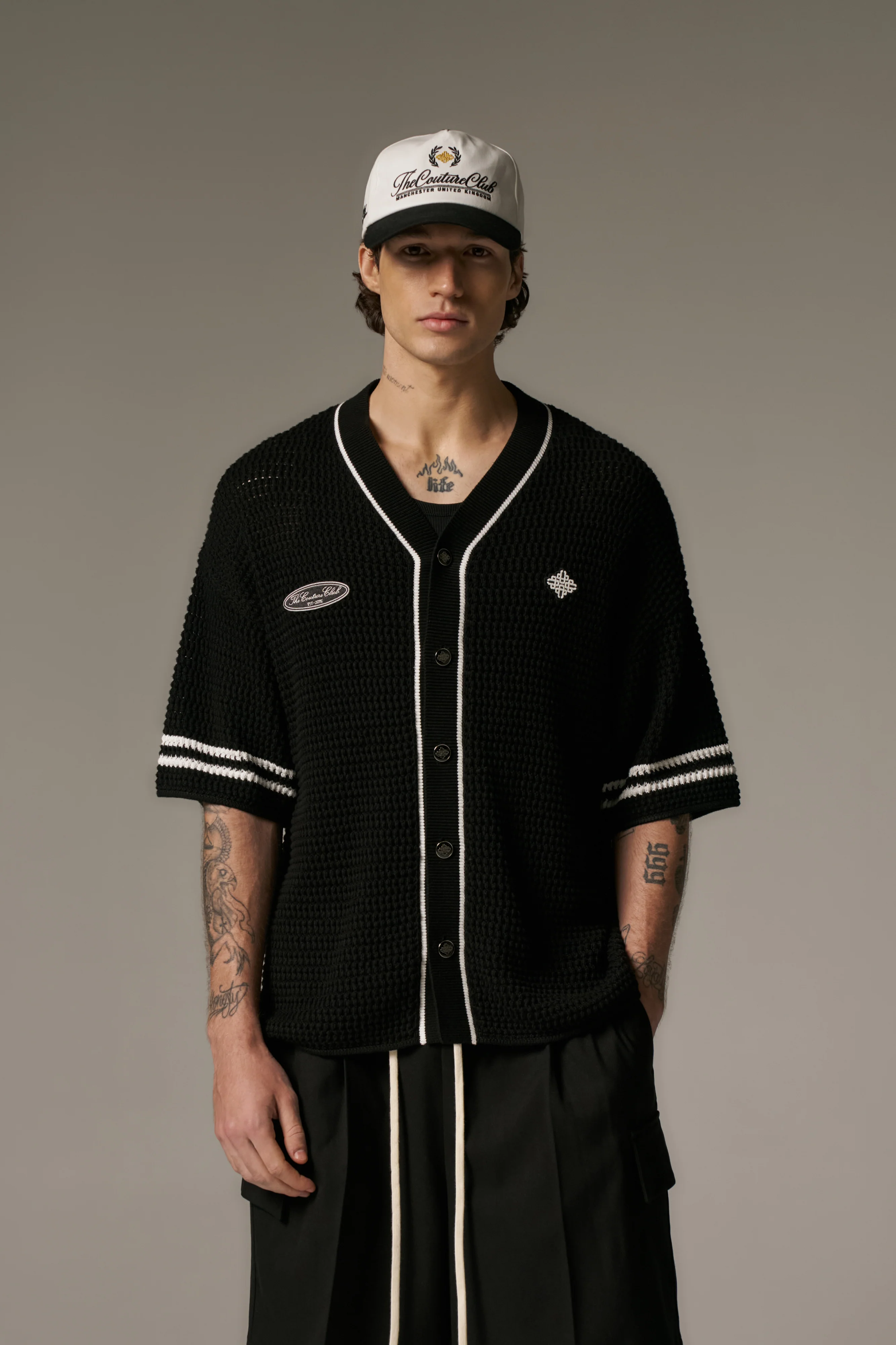 CROCHET KNITTED BASEBALL SHIRT - BLACK - Image 2