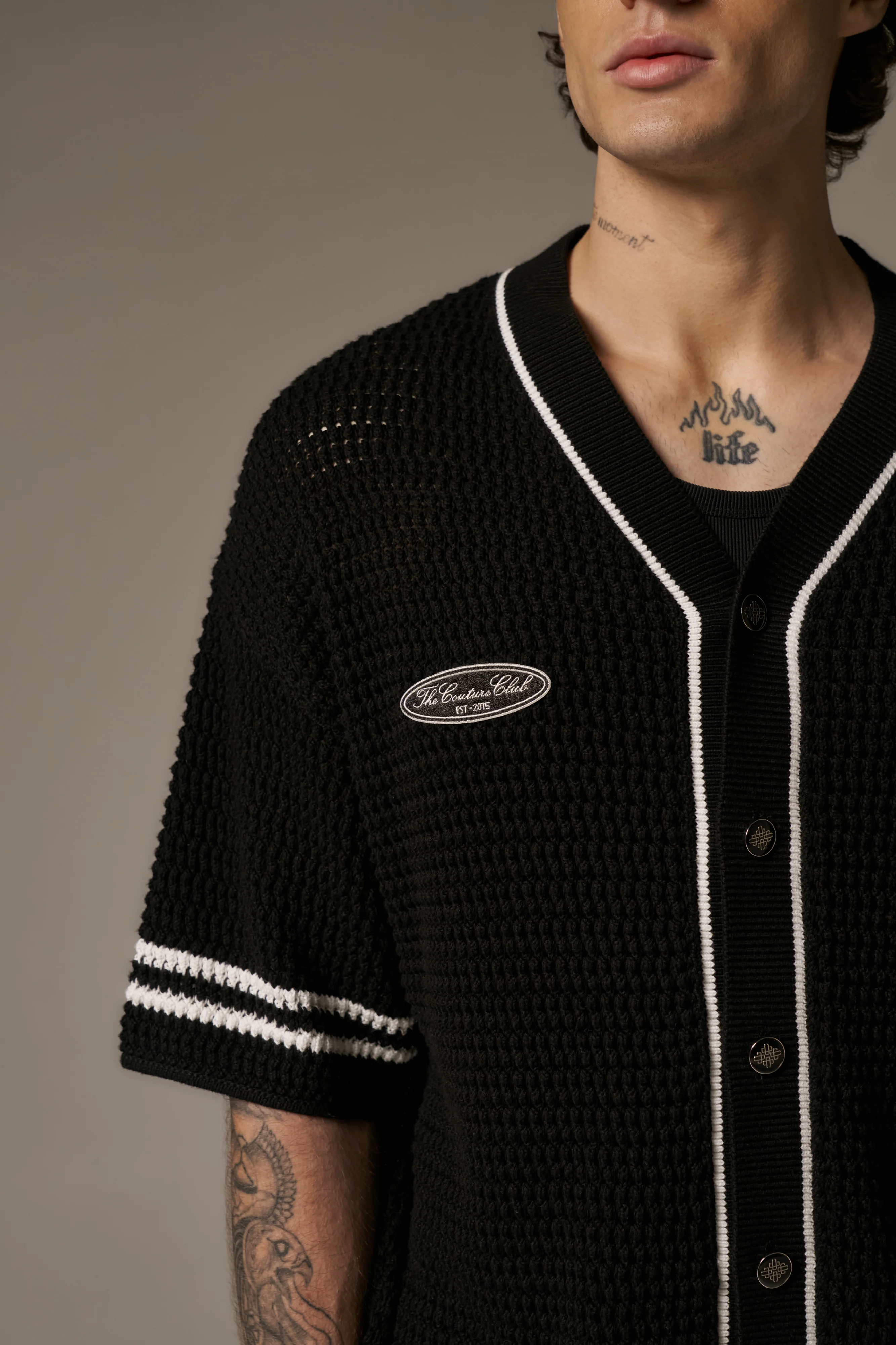 CROCHET KNITTED BASEBALL SHIRT - BLACK - Image 4
