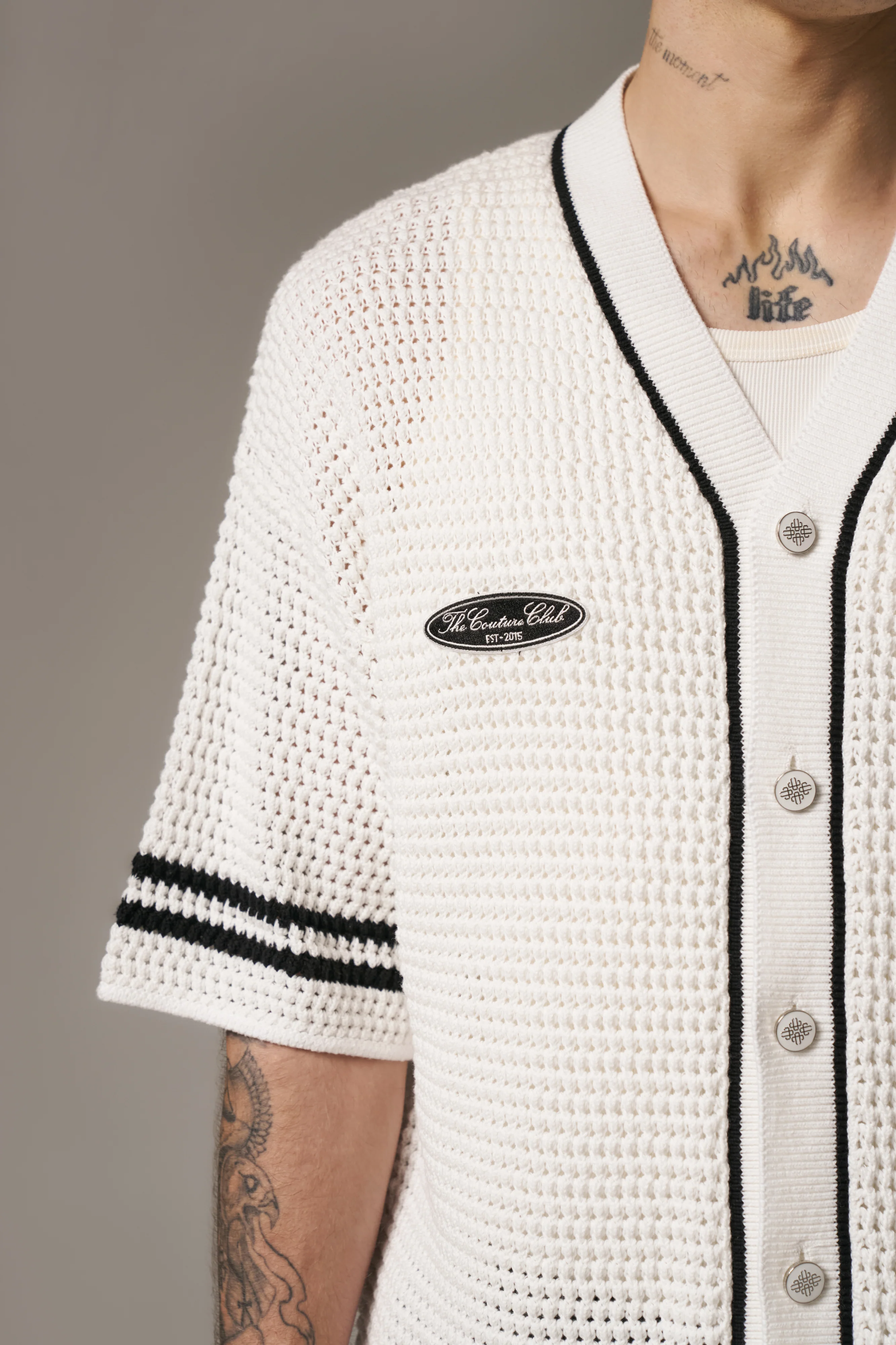 CROCHET KNITTED BASEBALL SHIRT - WHITE - Image 4