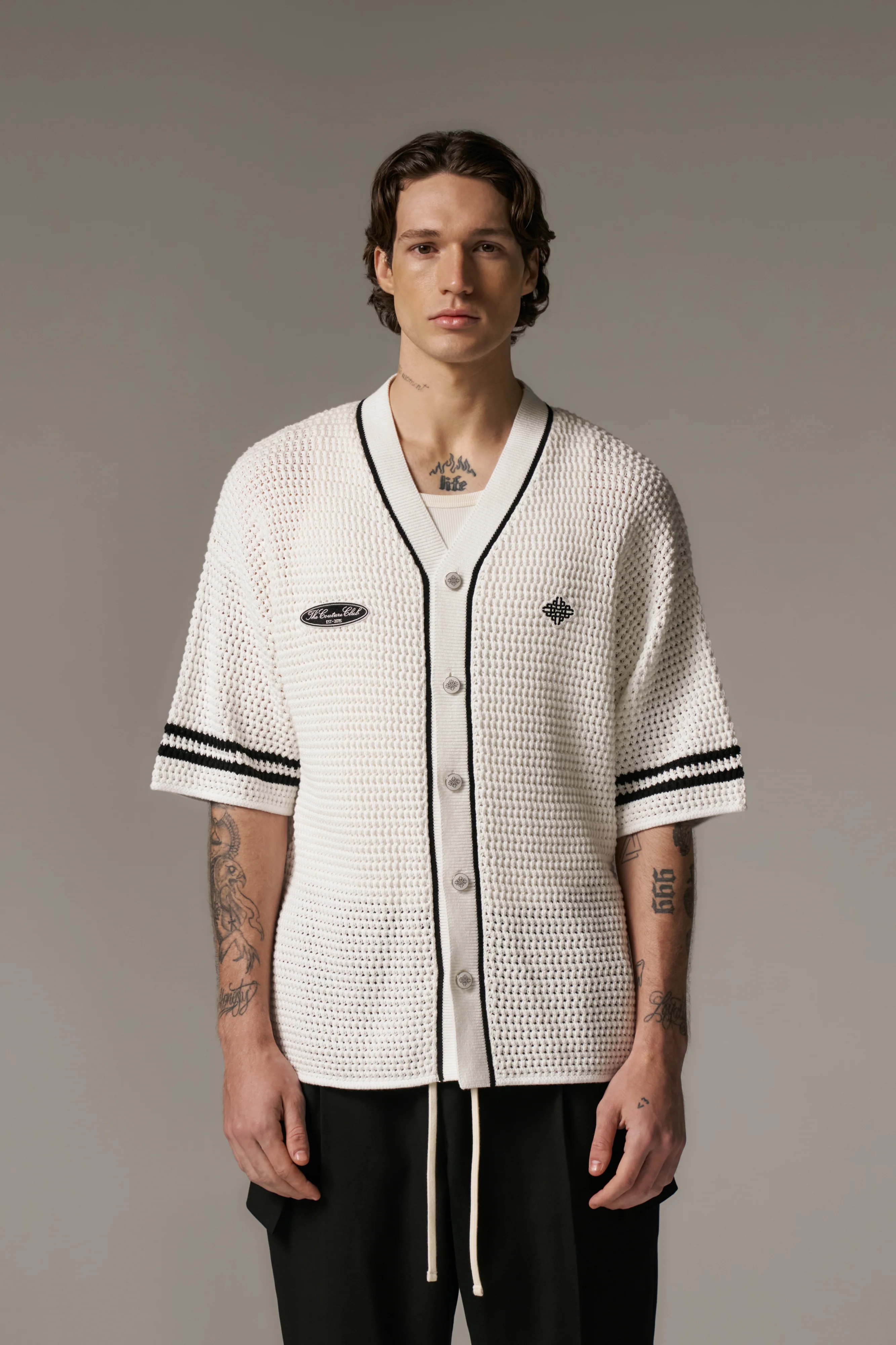 CROCHET KNITTED BASEBALL SHIRT - WHITE - Image 7