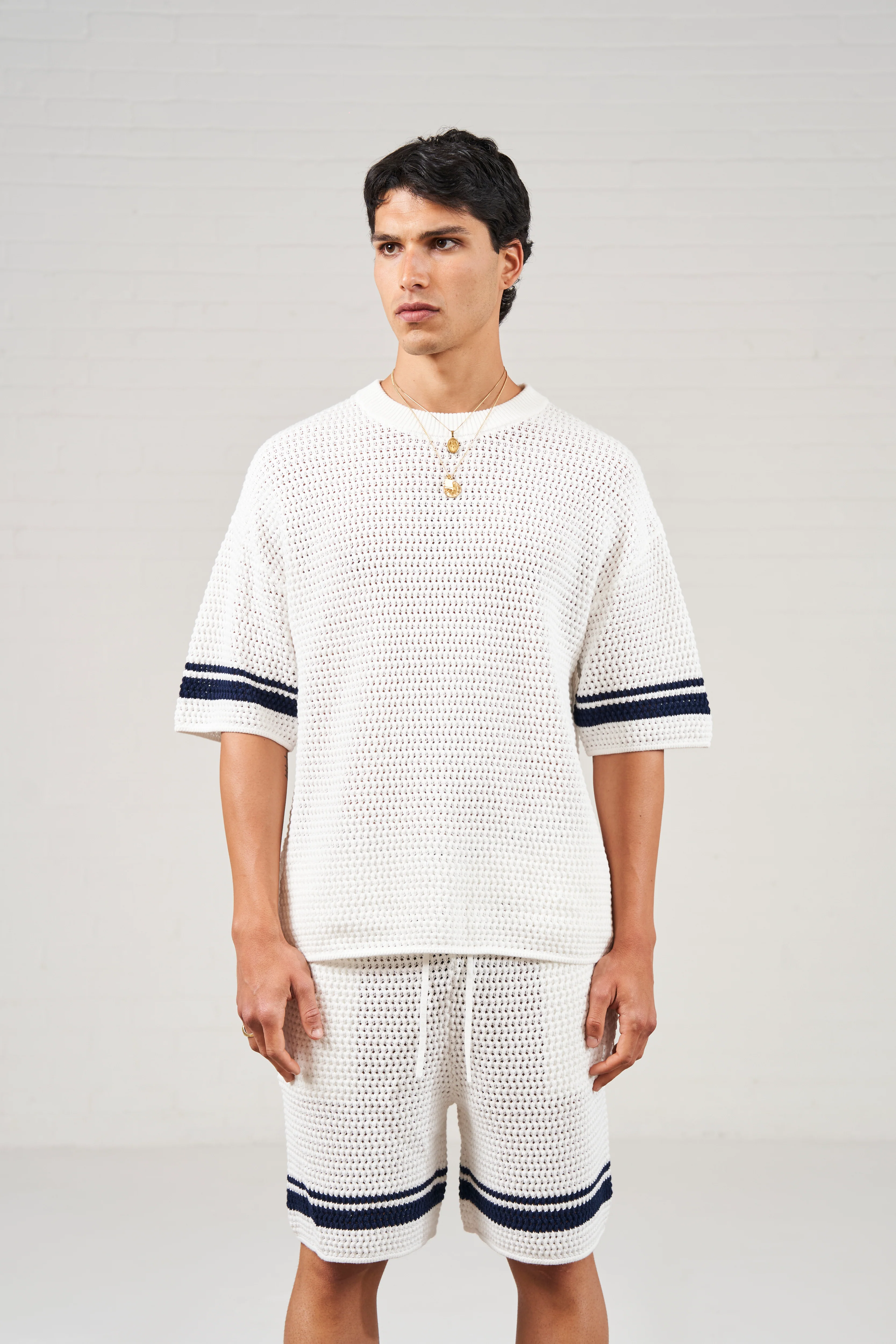 CROCHET KNITTED CONTRAST STRIPE T-SHIRT - WHITE - Image 2