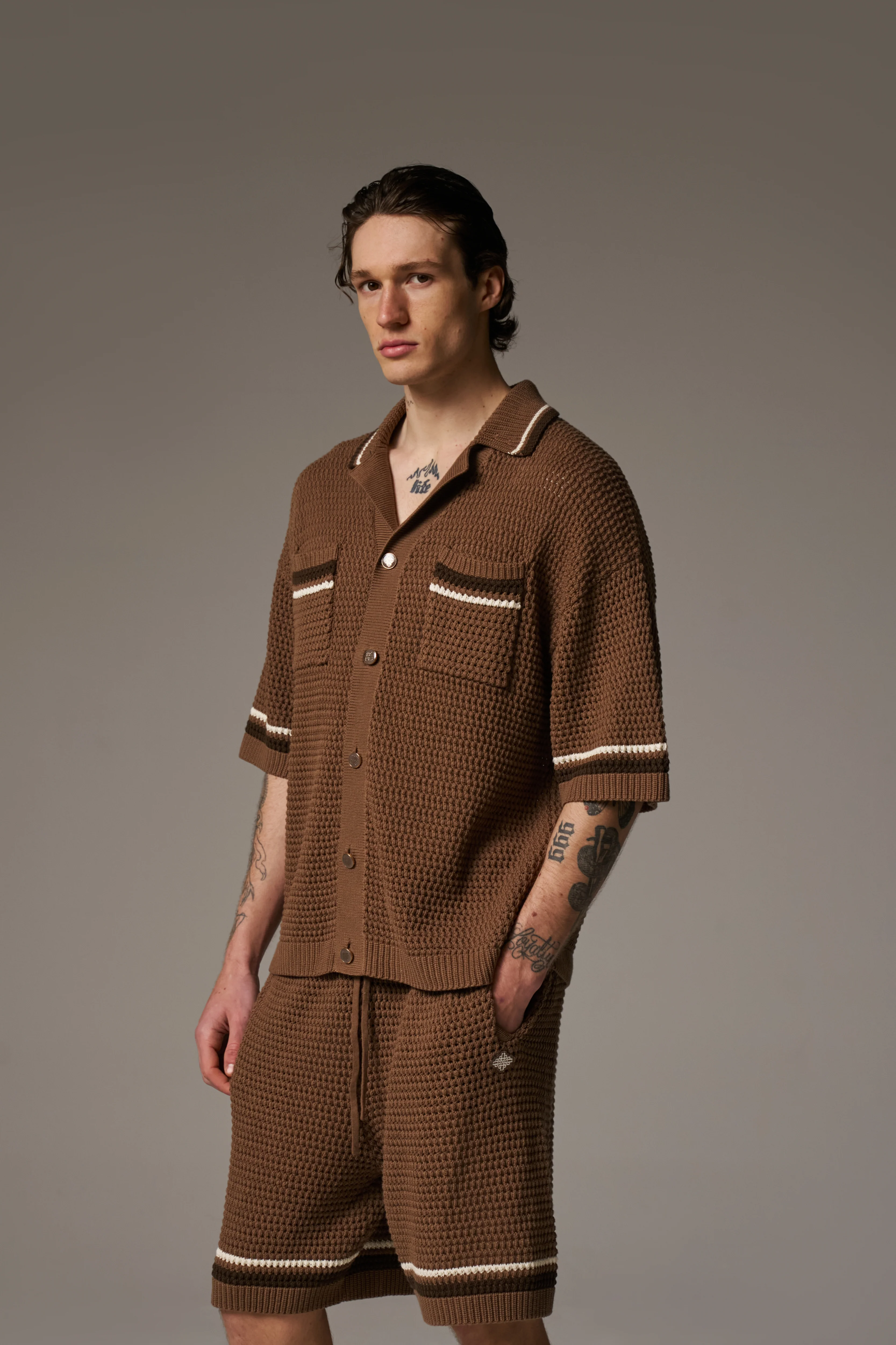 CROCHET KNITTED STRIPE SHIRT - BROWN - Image 11