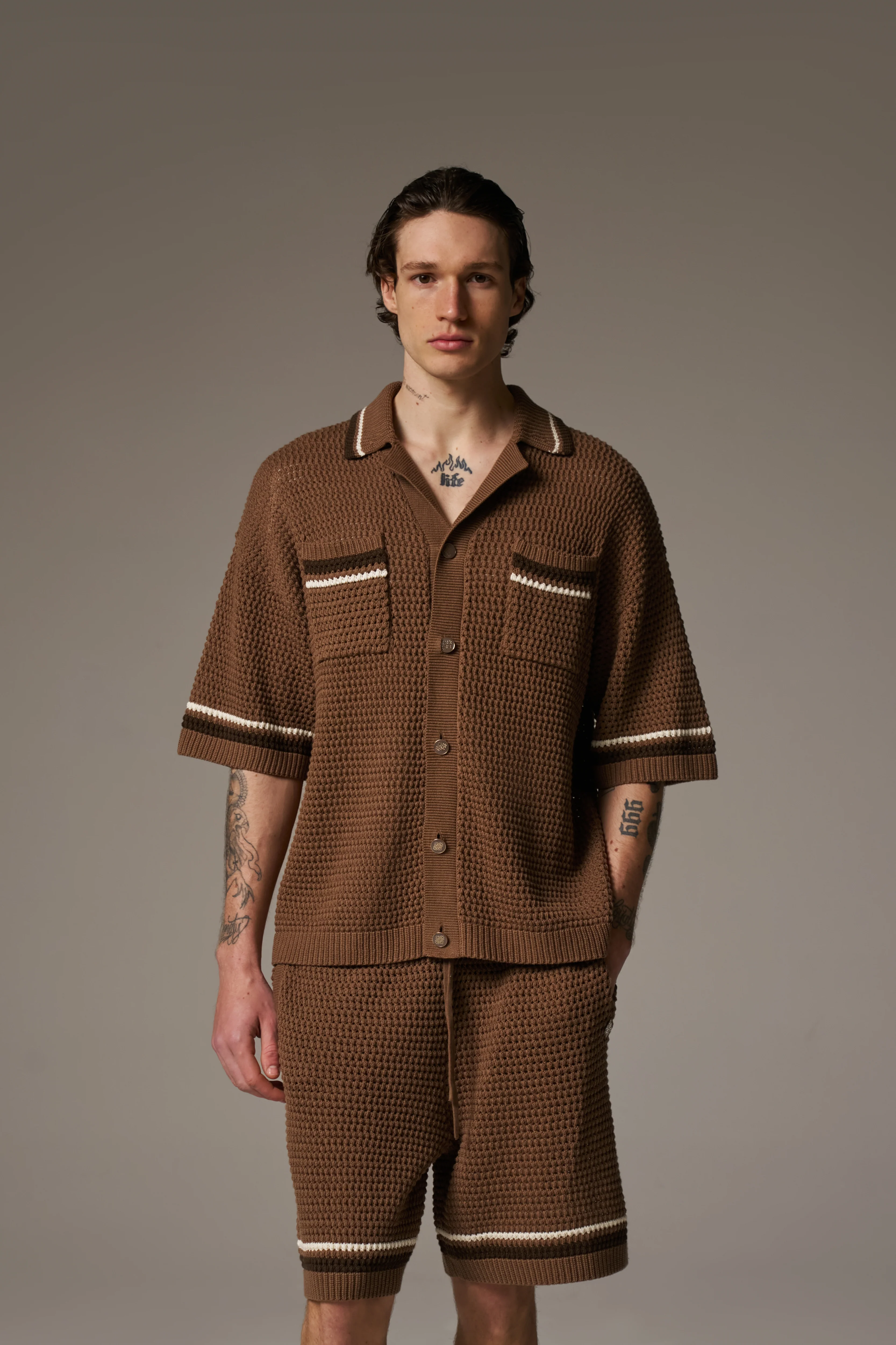 CROCHET KNITTED STRIPE SHIRT - BROWN - Image 4