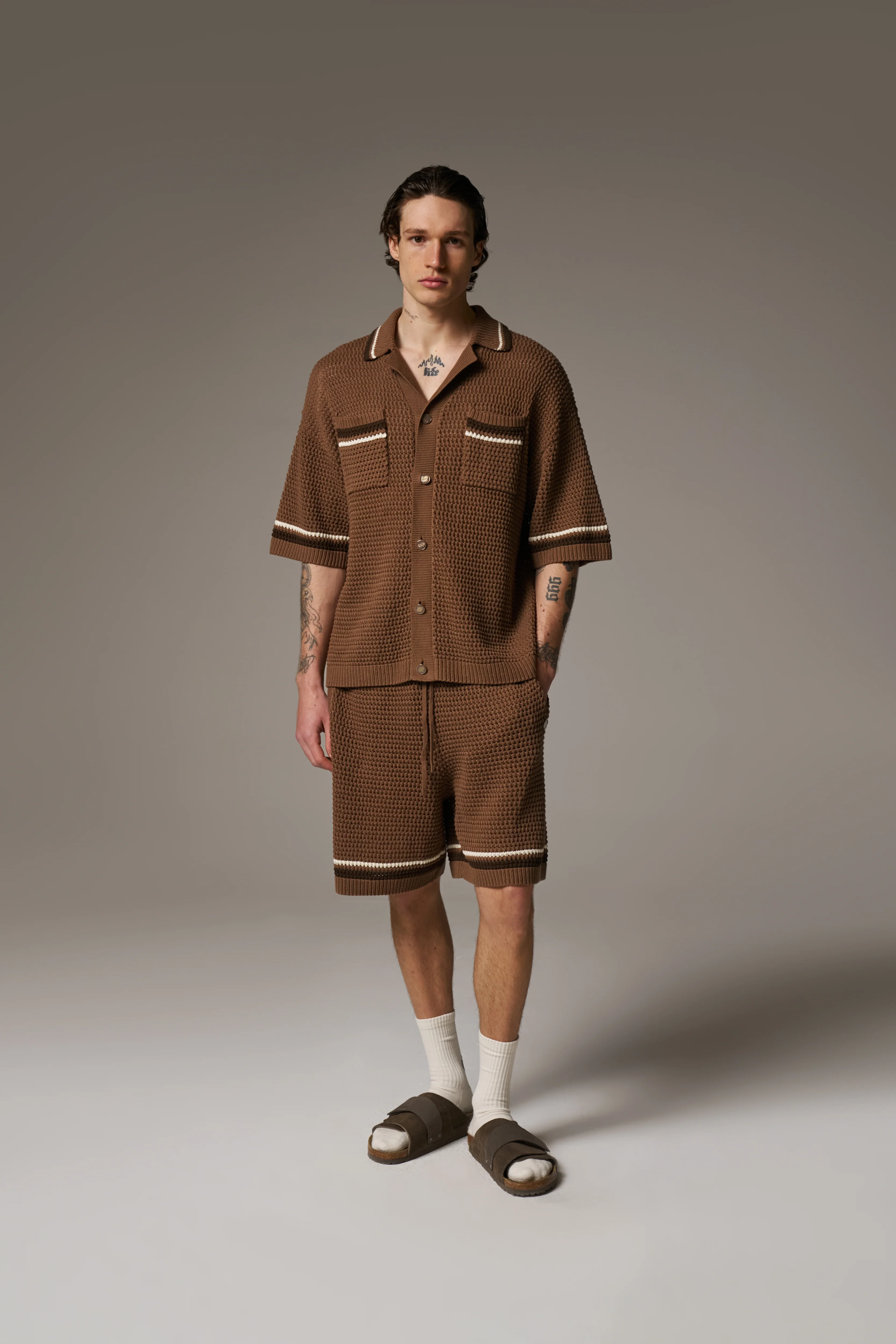 CROCHET KNITTED STRIPE SHIRT - BROWN - Image 5