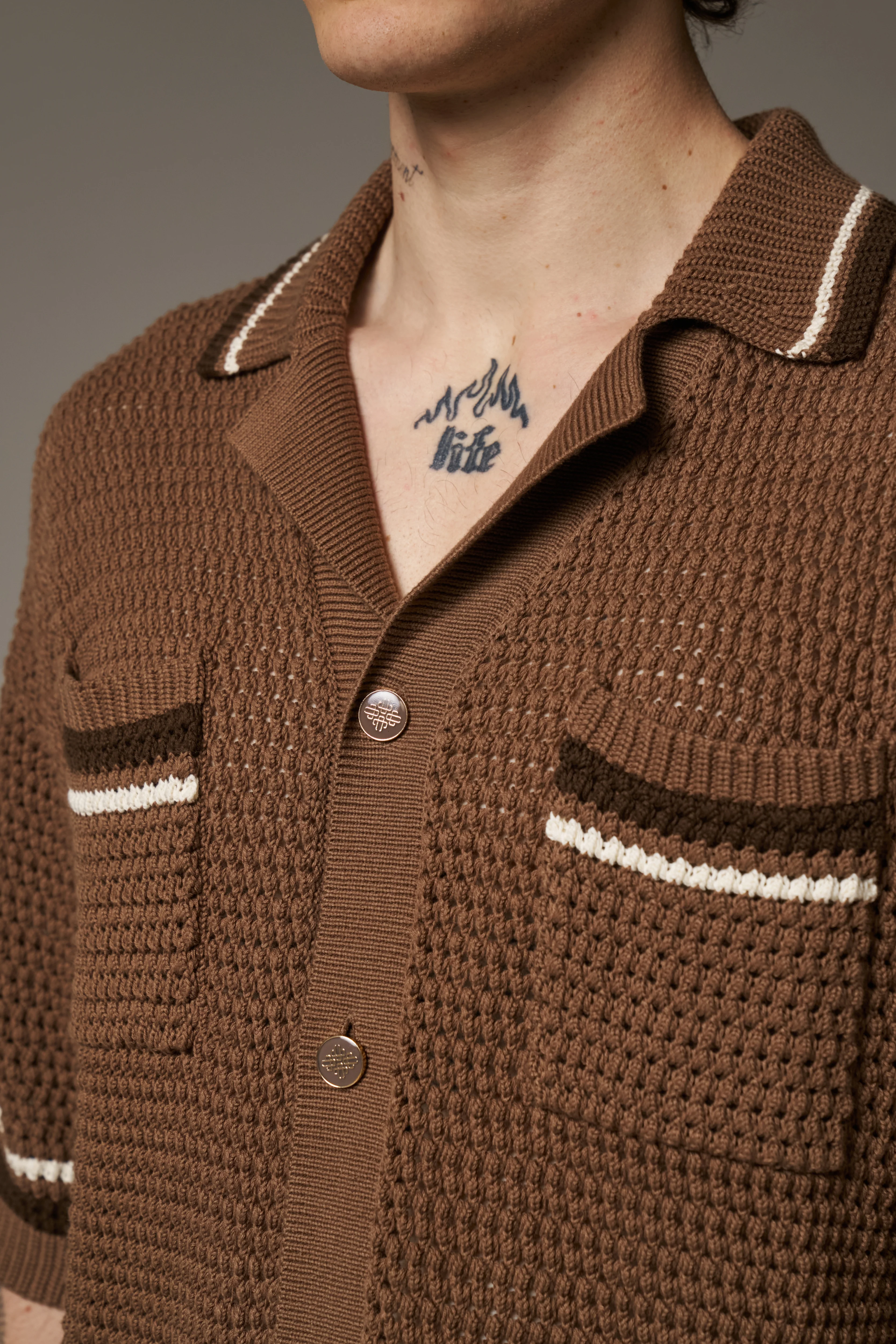 CROCHET KNITTED STRIPE SHIRT - BROWN - Image 7