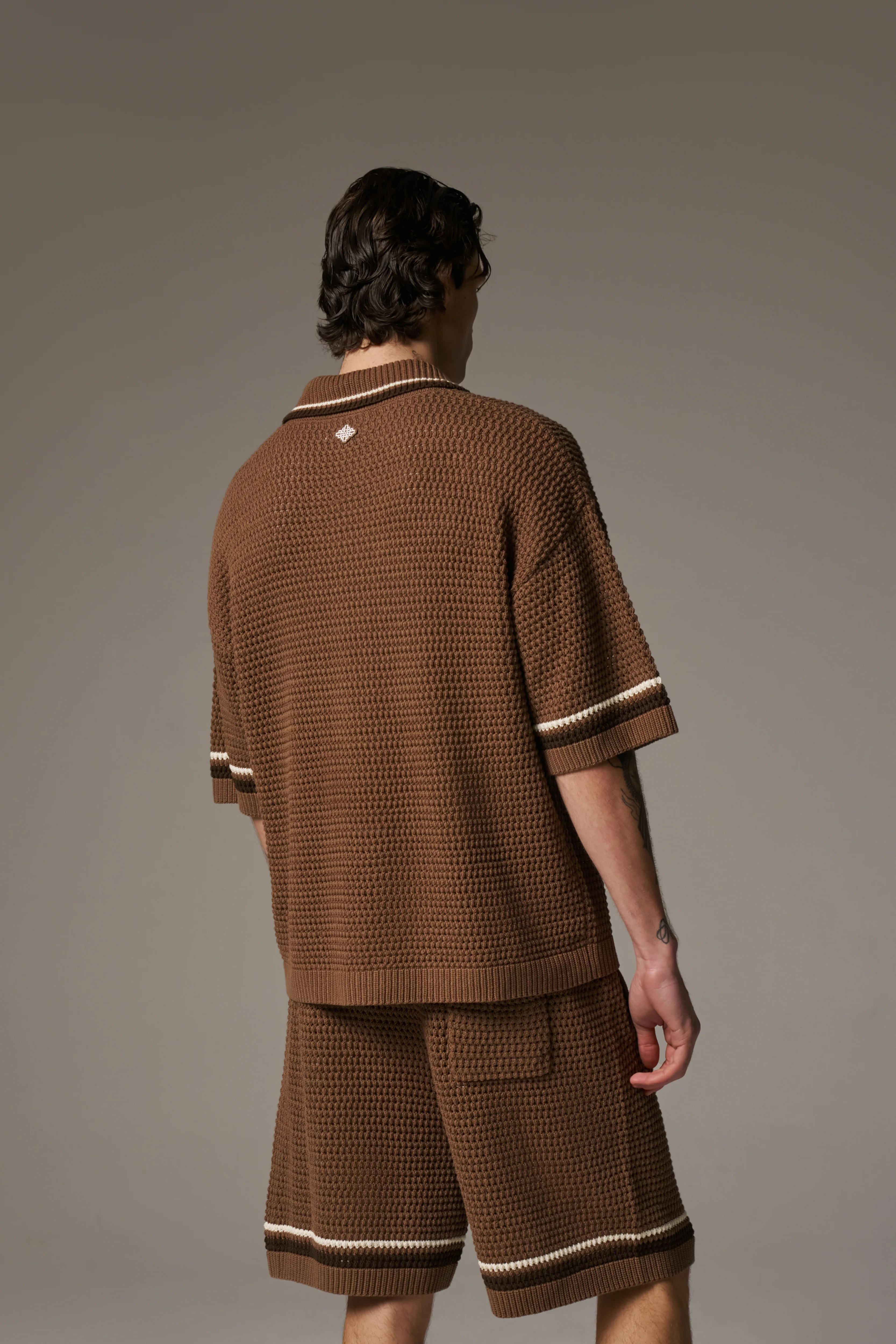 CROCHET KNITTED STRIPE SHIRT - BROWN - Image 9