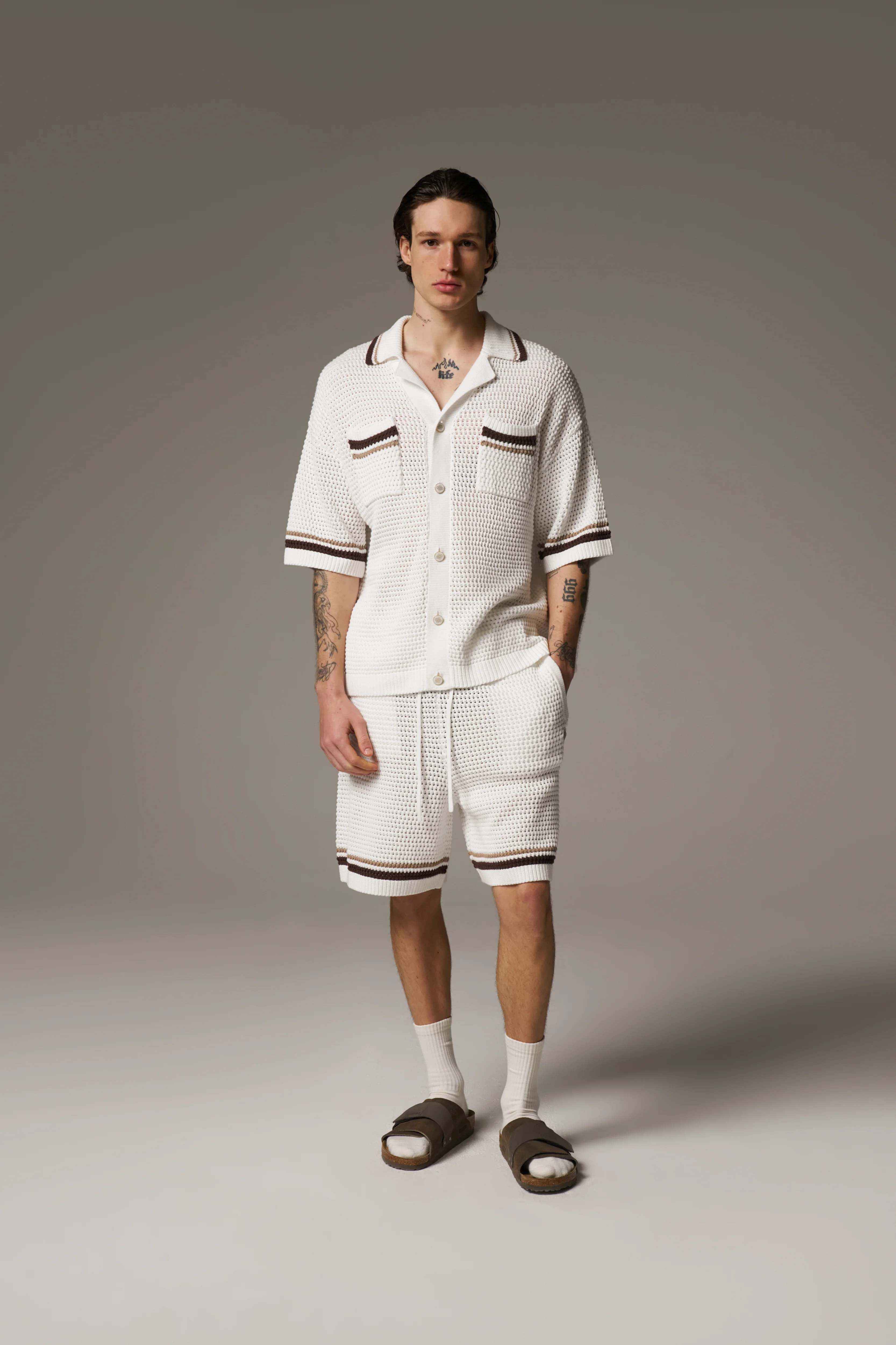 CROCHET KNITTED STRIPE SHIRT - WHITE/BROWN - Image 3