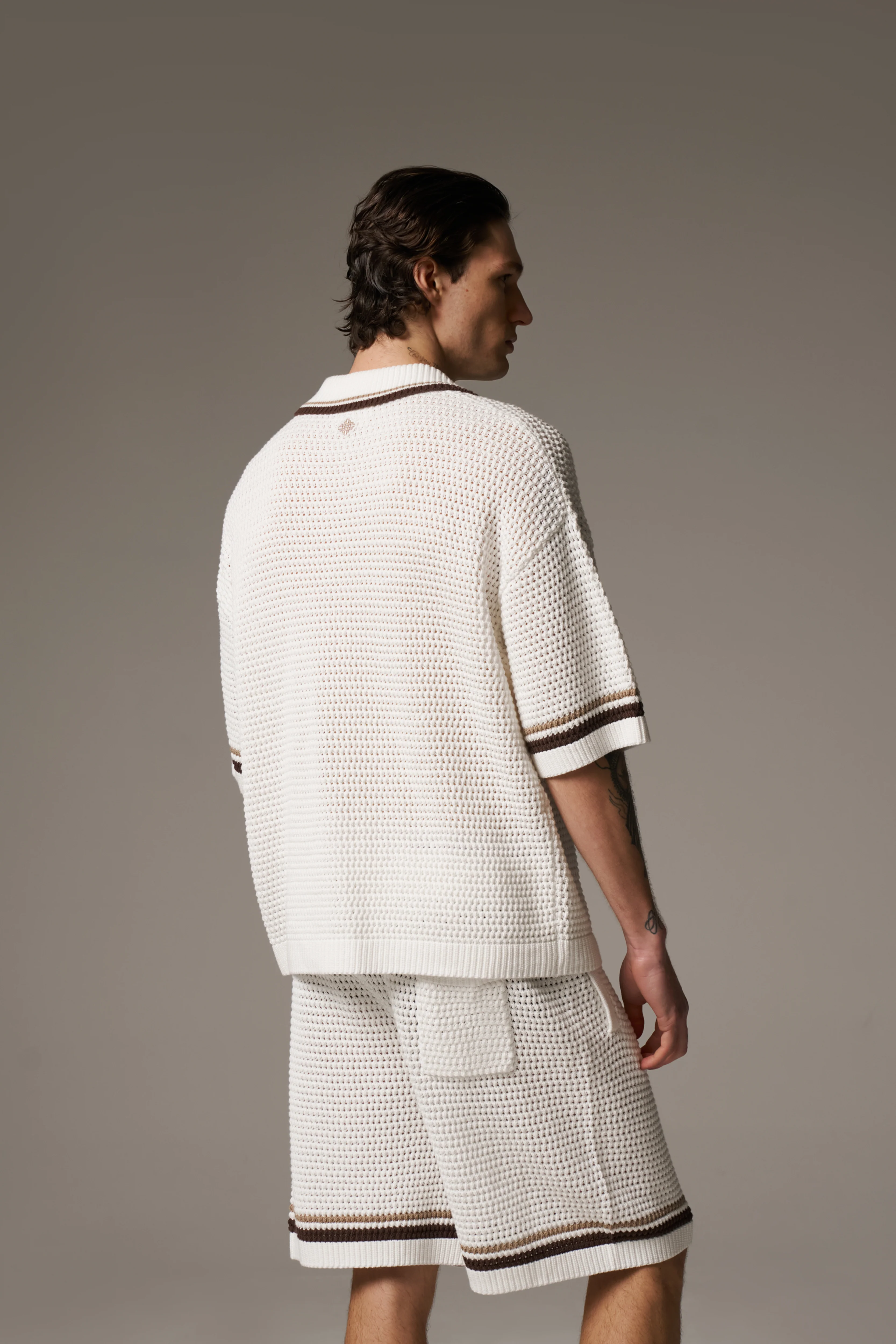 CROCHET KNITTED STRIPE SHIRT - WHITE/BROWN - Image 5