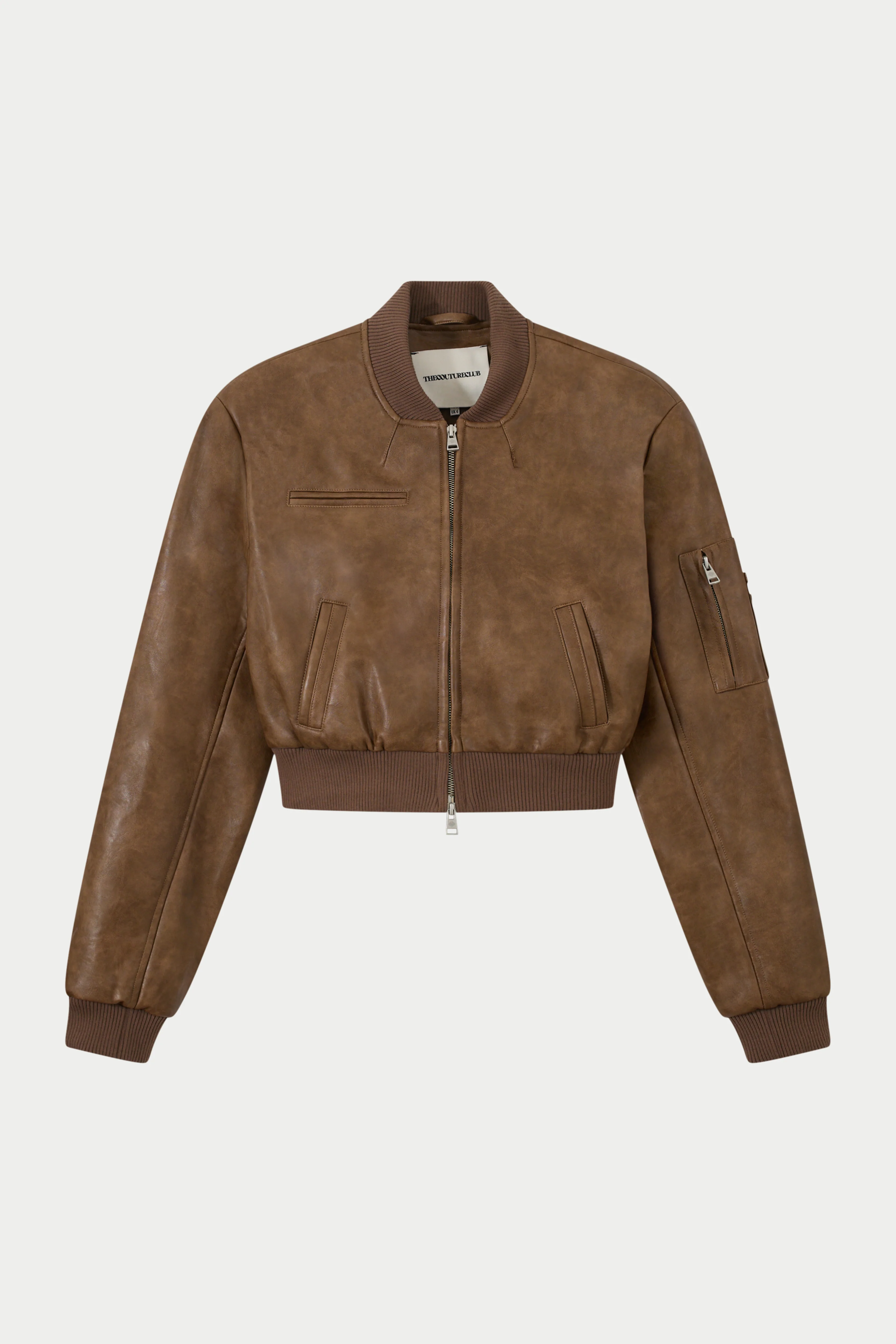 FAUX LEATHER SHOULDER PADDED BOMBER JACKET - WASHED BROWN