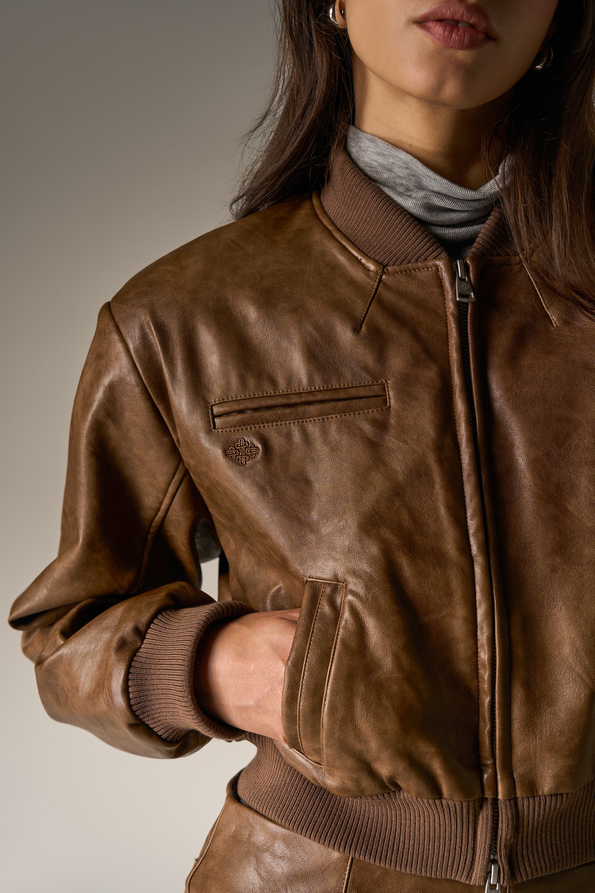 FAUX LEATHER SHOULDER PADDED BOMBER JACKET - WASHED BROWN - Image 6