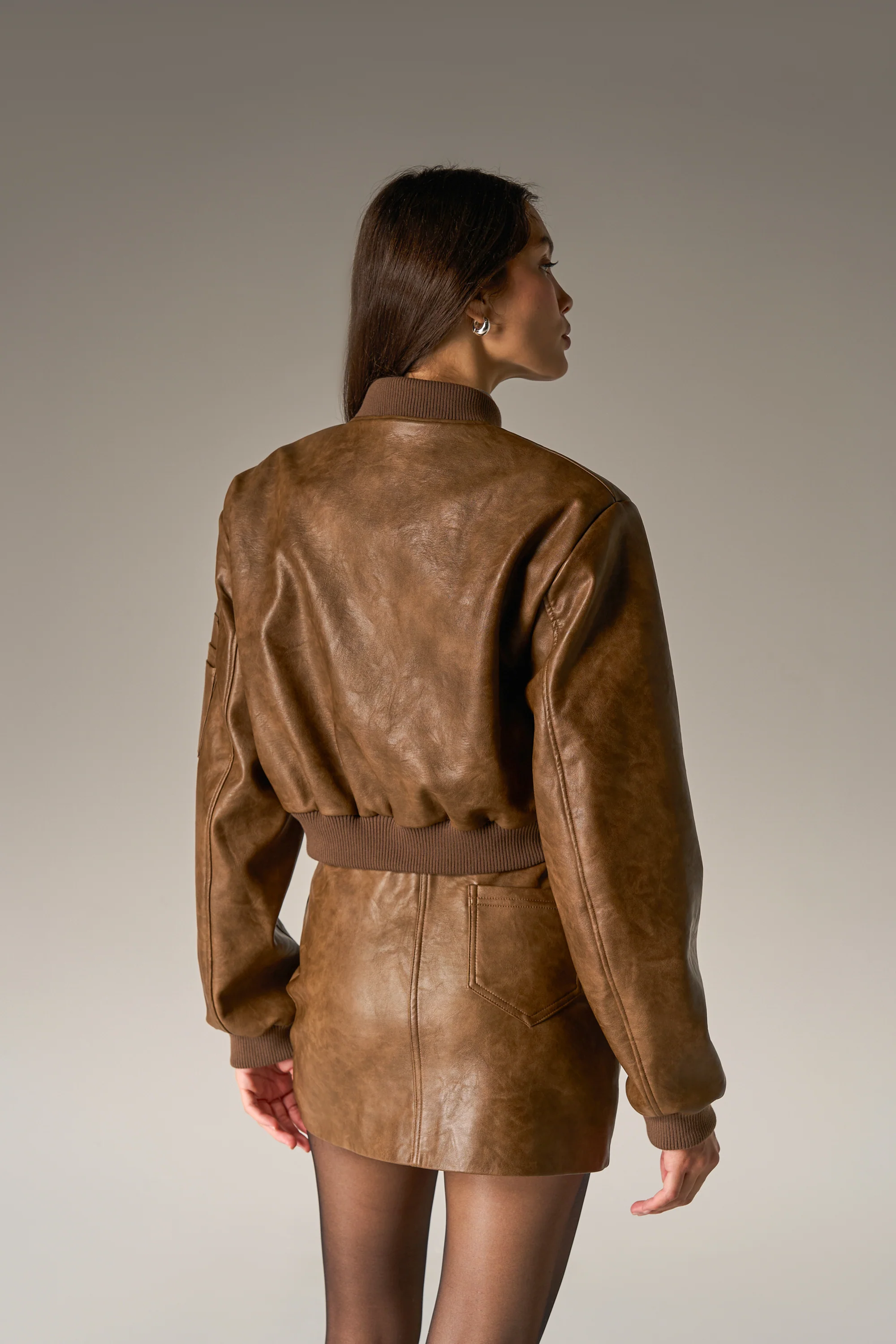 FAUX LEATHER SHOULDER PADDED BOMBER JACKET - WASHED BROWN - Image 7