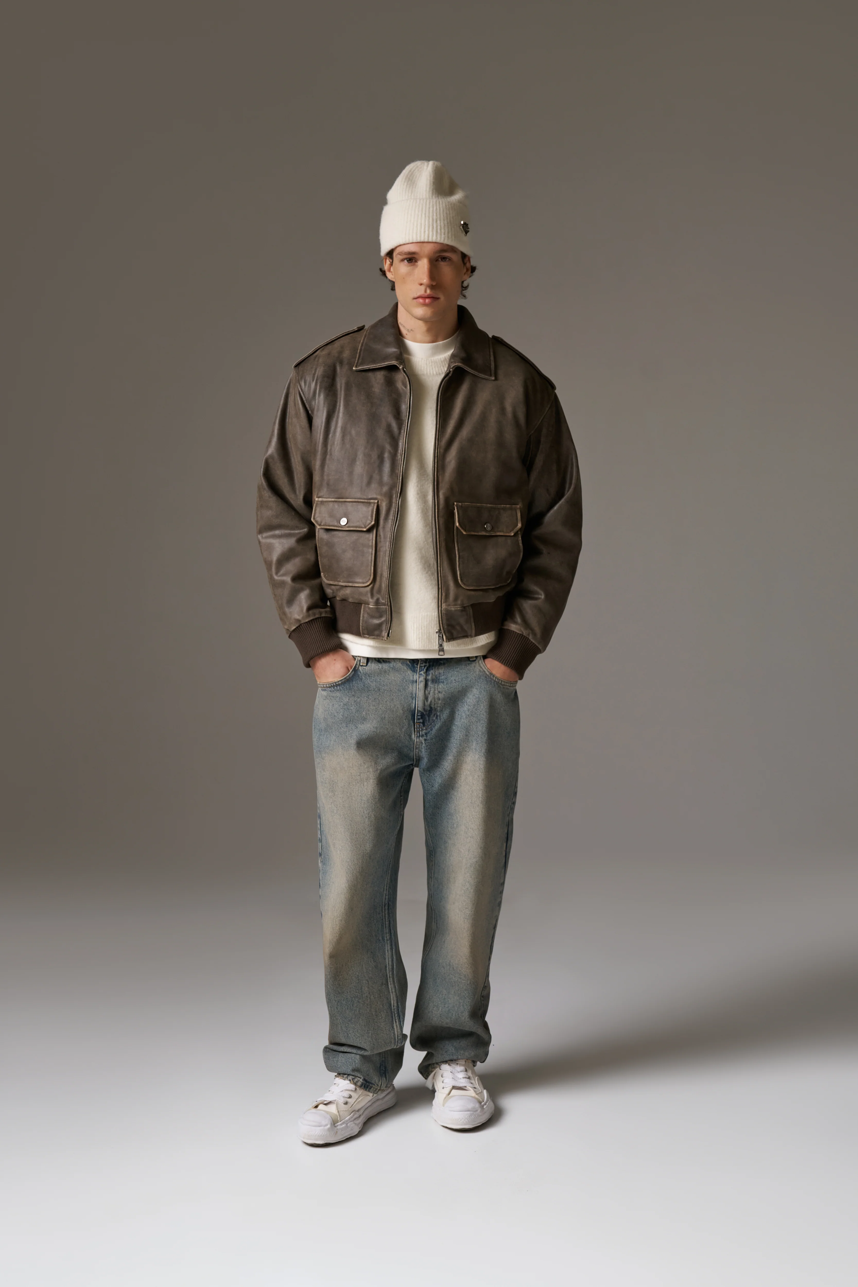 DISTRESSED LEATHER BOMBER JACKET - BROWN - Image 10