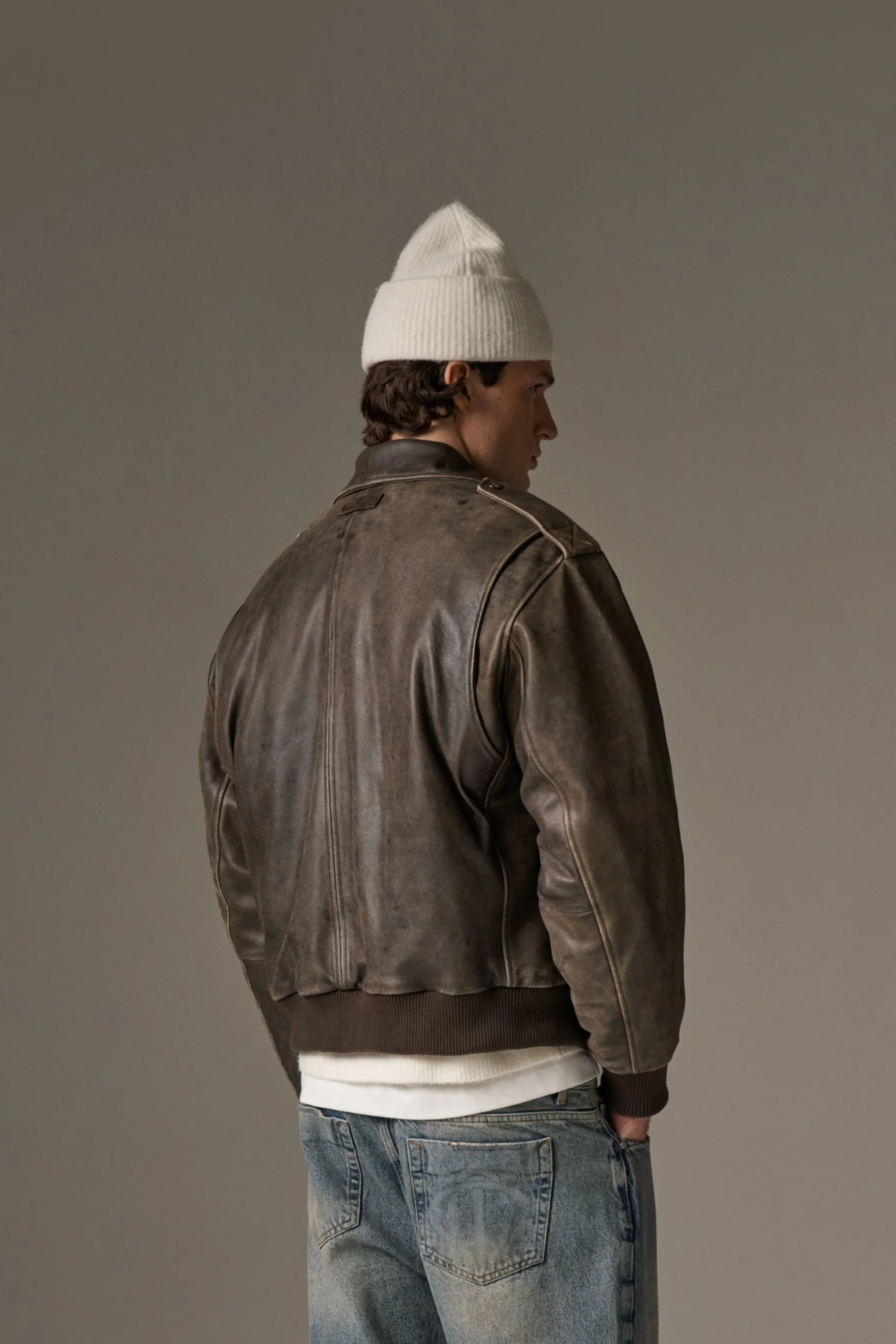 DISTRESSED LEATHER BOMBER JACKET - BROWN - Image 8