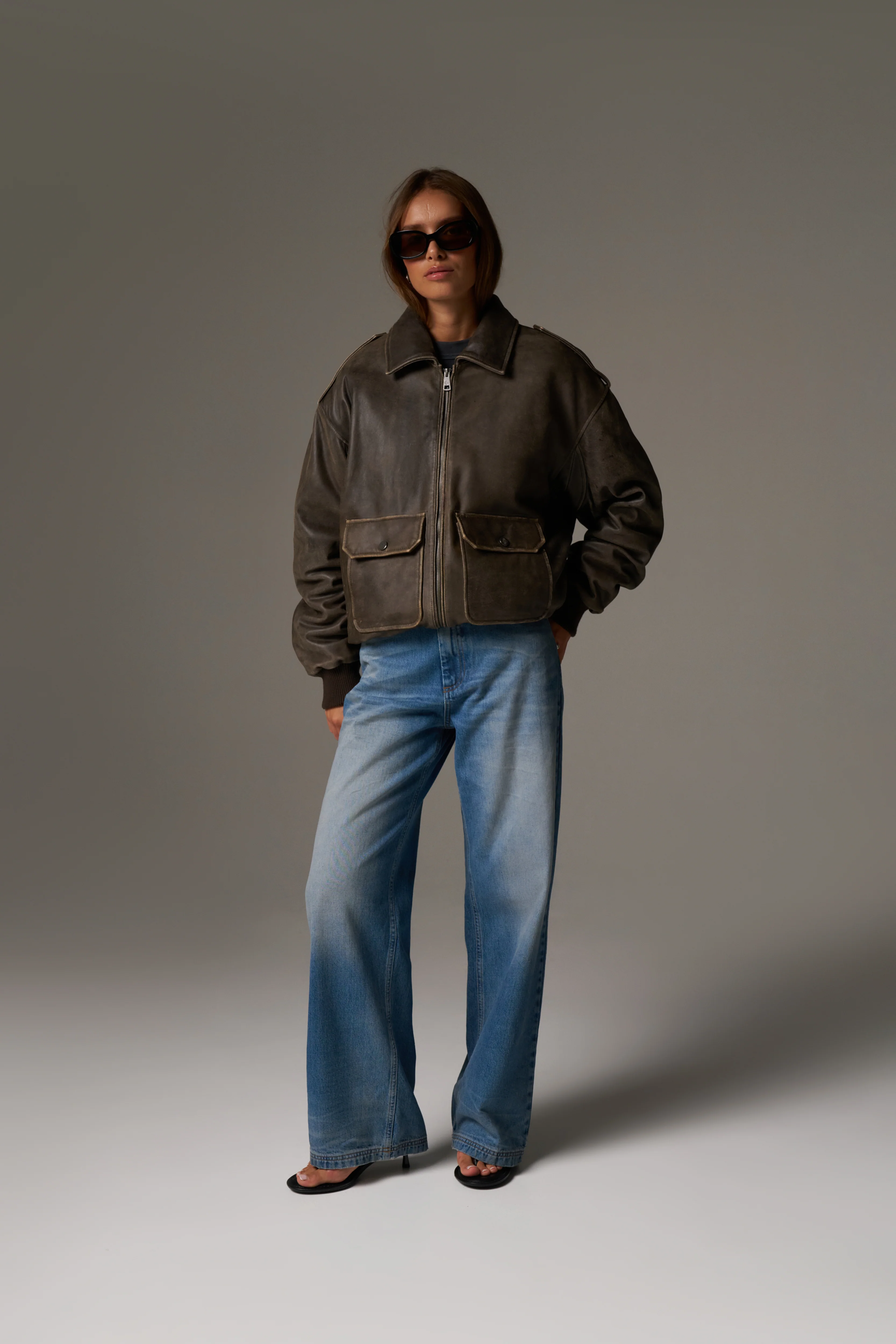 DISTRESSED LEATHER BOMBER JACKET - BROWN - Image 9