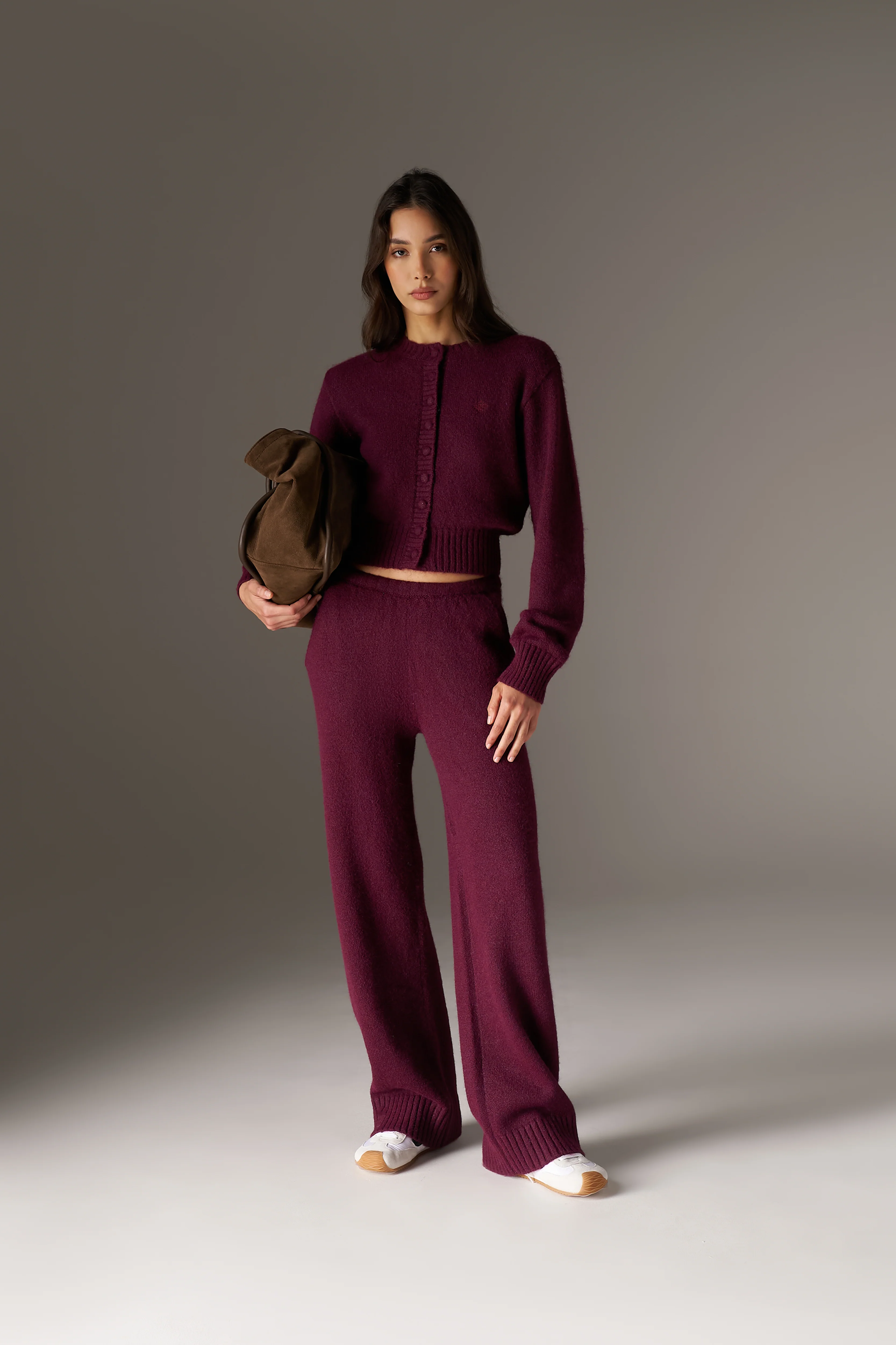 EMBLEM EMBROIDERED KNIT CROP CARDIGAN - PLUM - Image 3