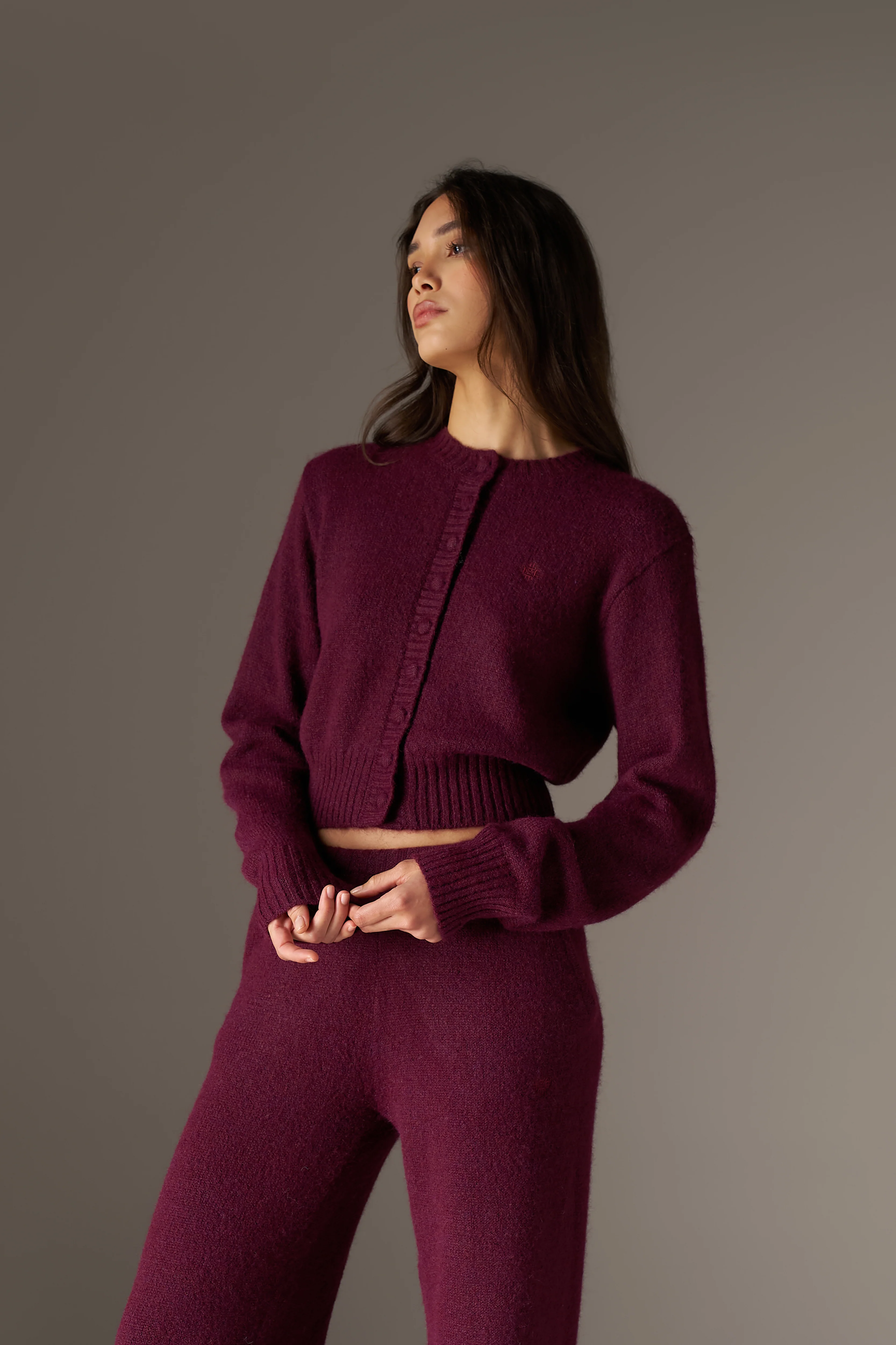 EMBLEM EMBROIDERED KNIT CROP CARDIGAN - PLUM - Image 4
