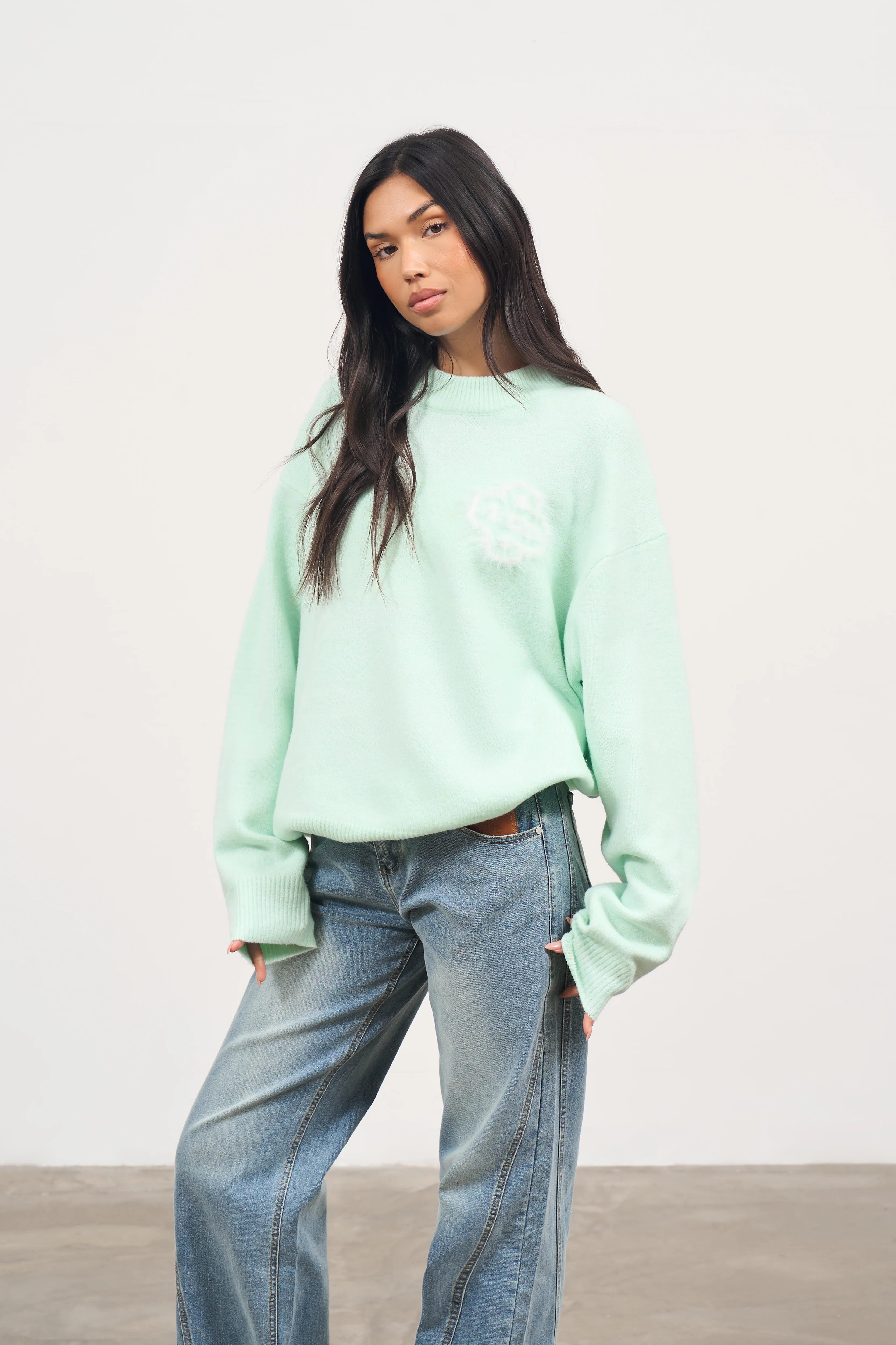 FLUFFY EMBLEM KNITTED CREW - MINT - Image 3