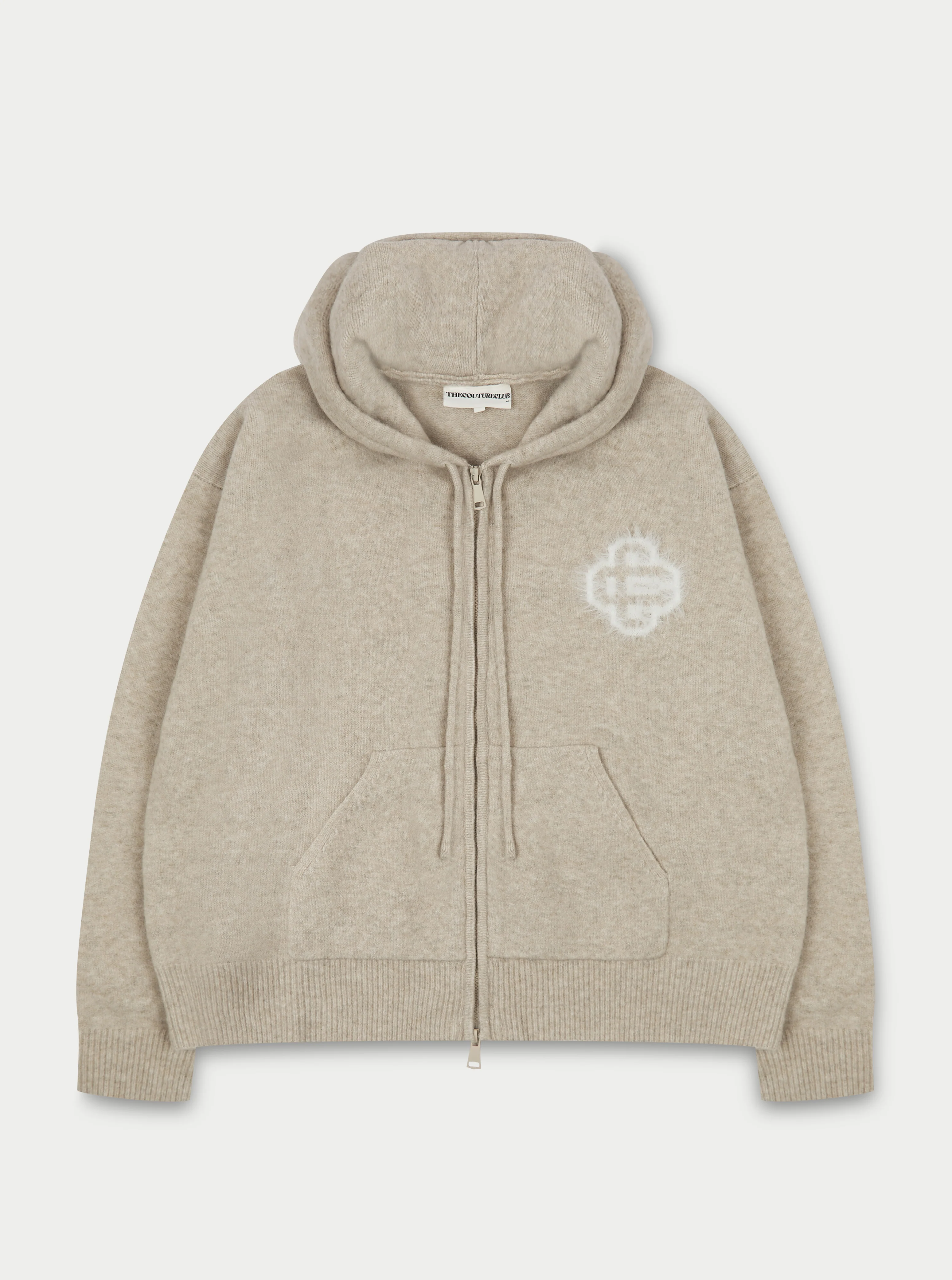 FLUFFY EMBLEM ZIP THROUGH KNITTED HOODIE - BEIGE