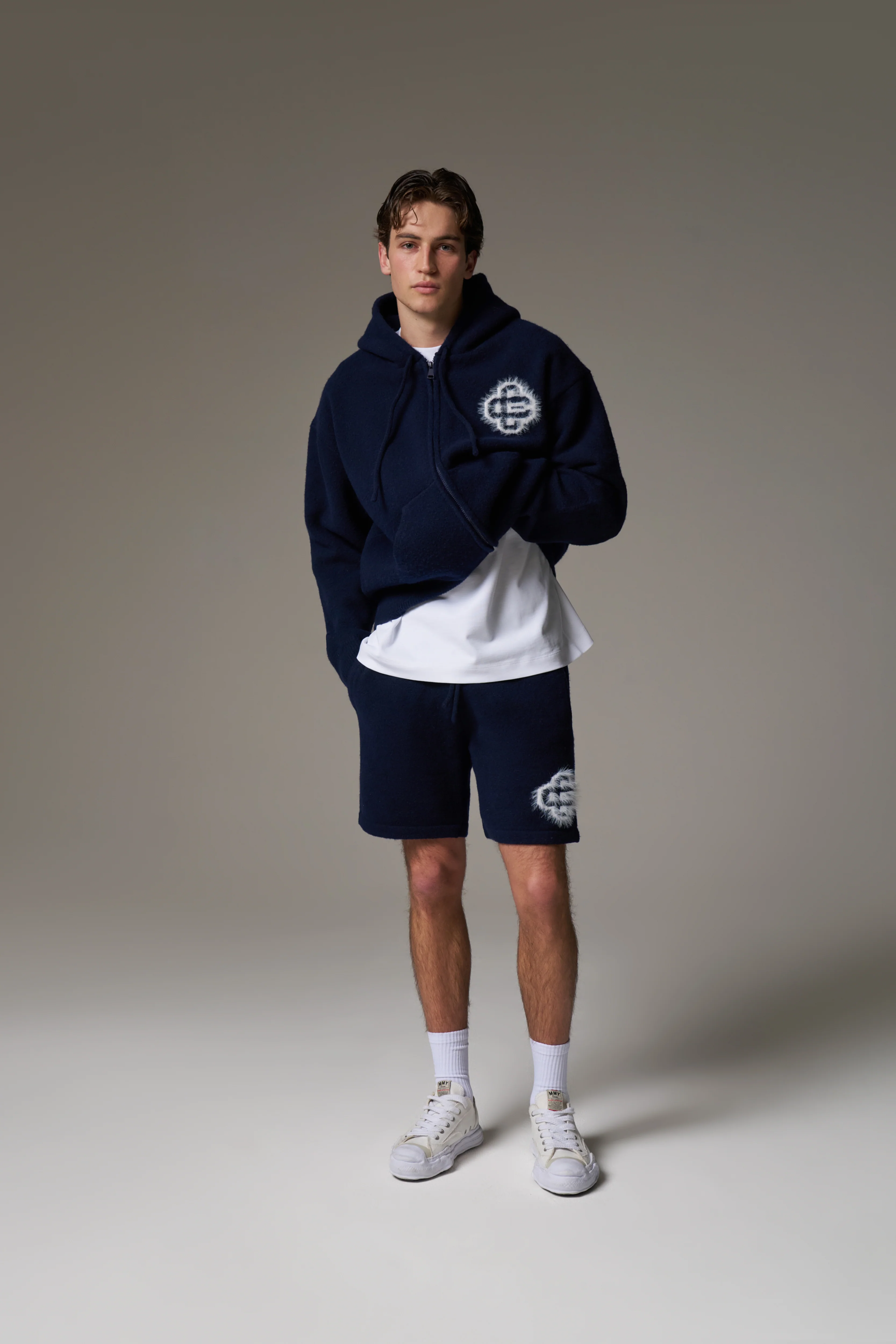 FLUFFY EMBLEM ZIP THROUGH KNITTED HOODIE - NAVY - Image 10