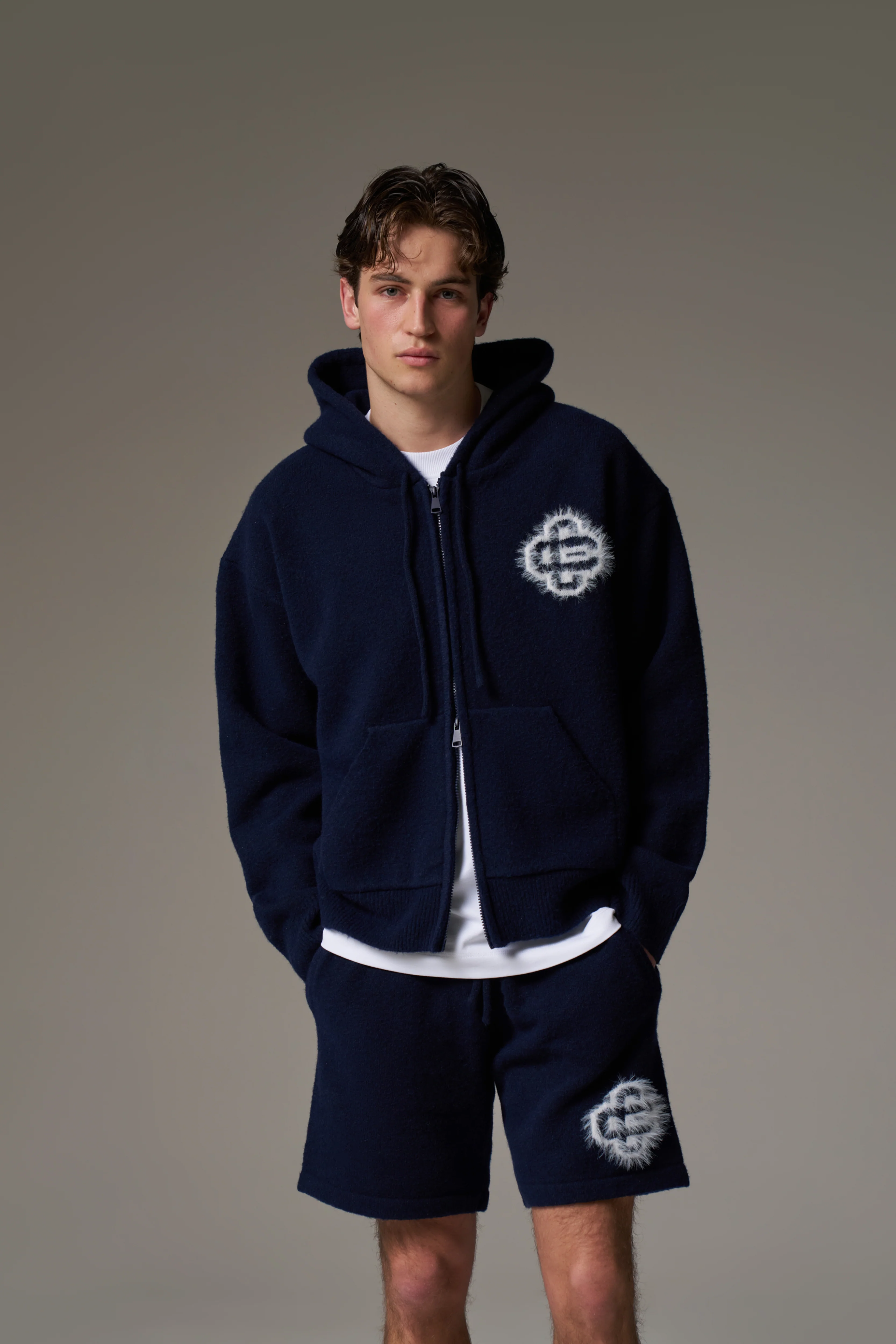 FLUFFY EMBLEM ZIP THROUGH KNITTED HOODIE - NAVY - Image 2