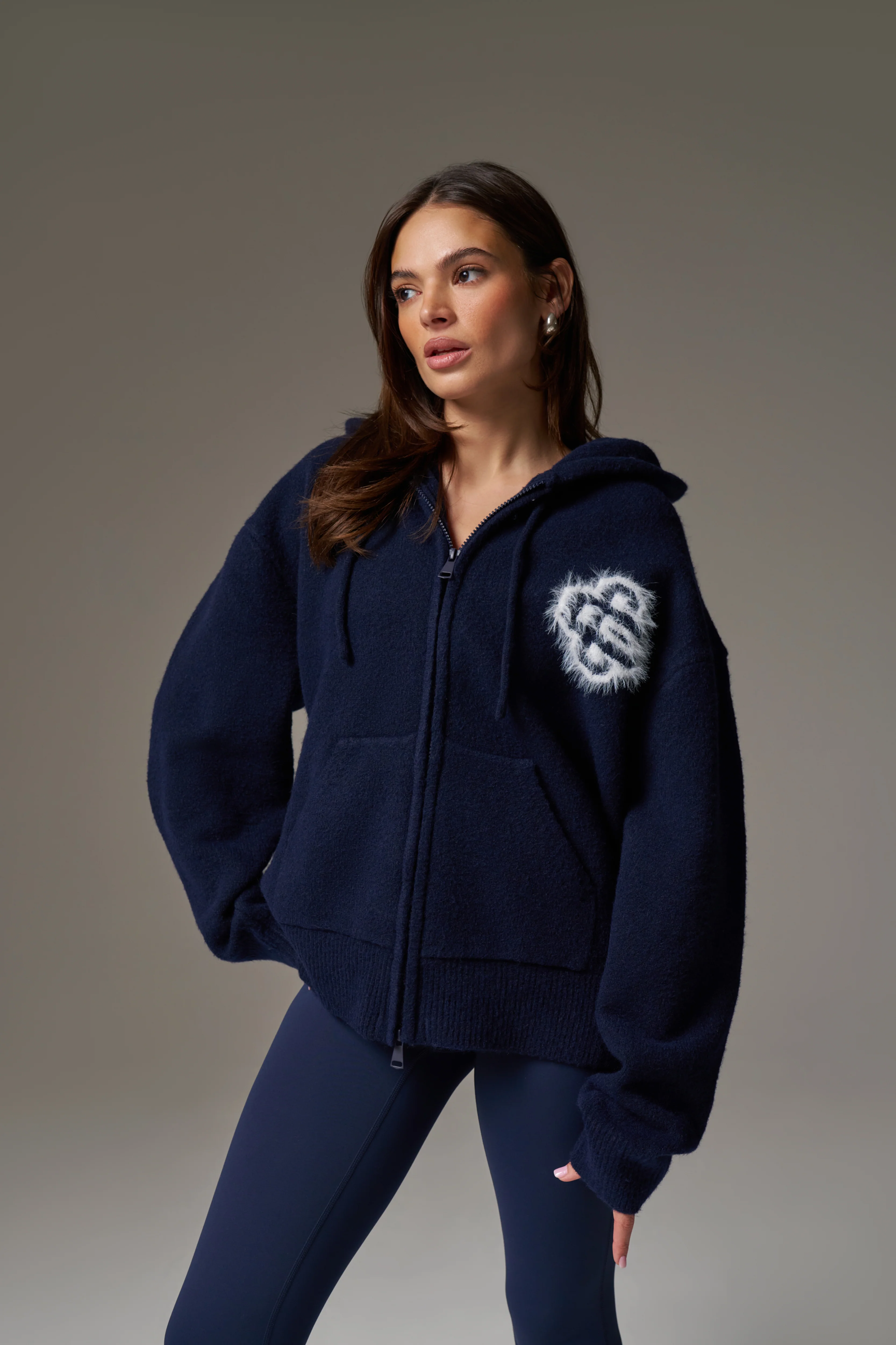 FLUFFY EMBLEM ZIP THROUGH KNITTED HOODIE - NAVY - Image 3