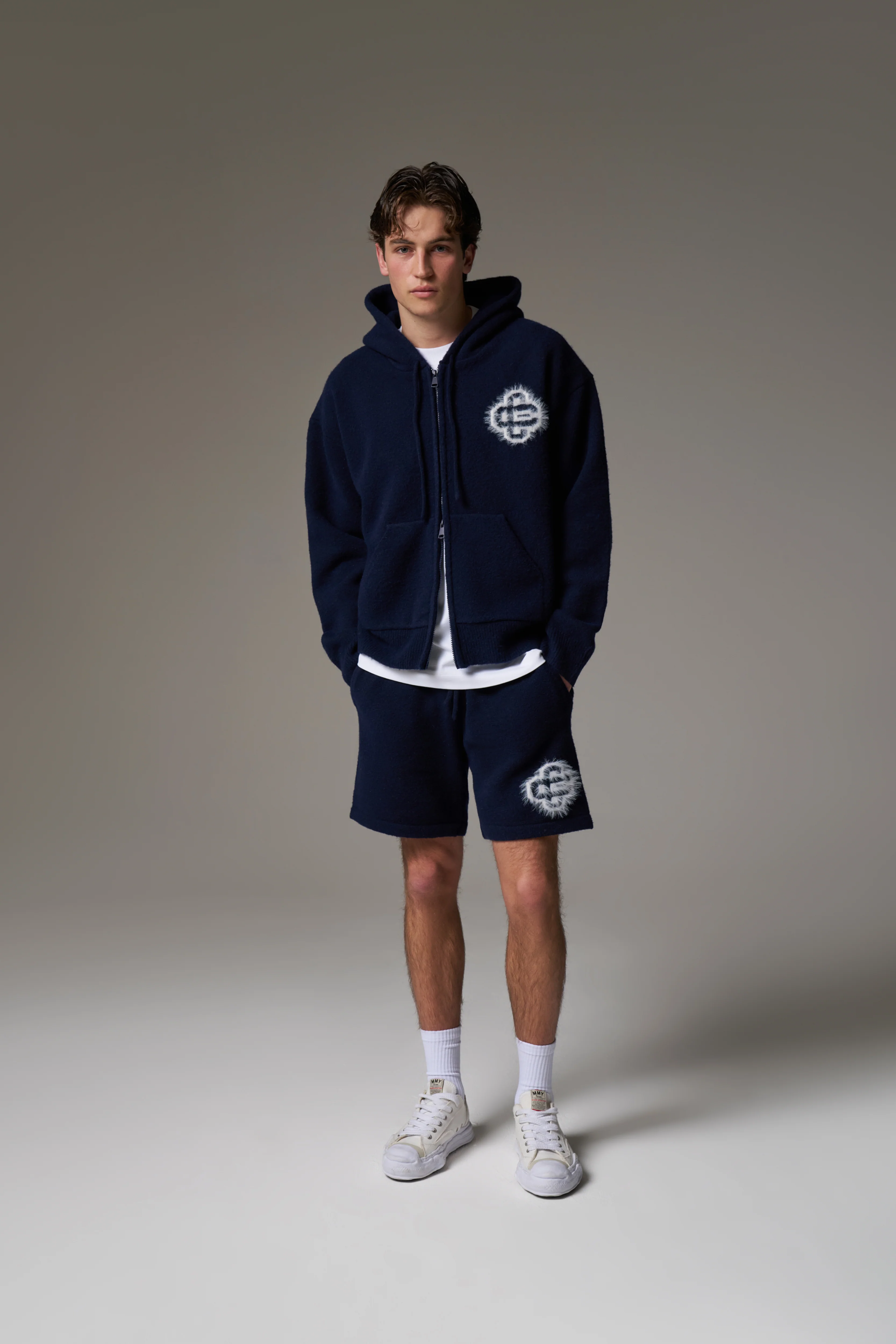 FLUFFY EMBLEM ZIP THROUGH KNITTED HOODIE - NAVY - Image 5