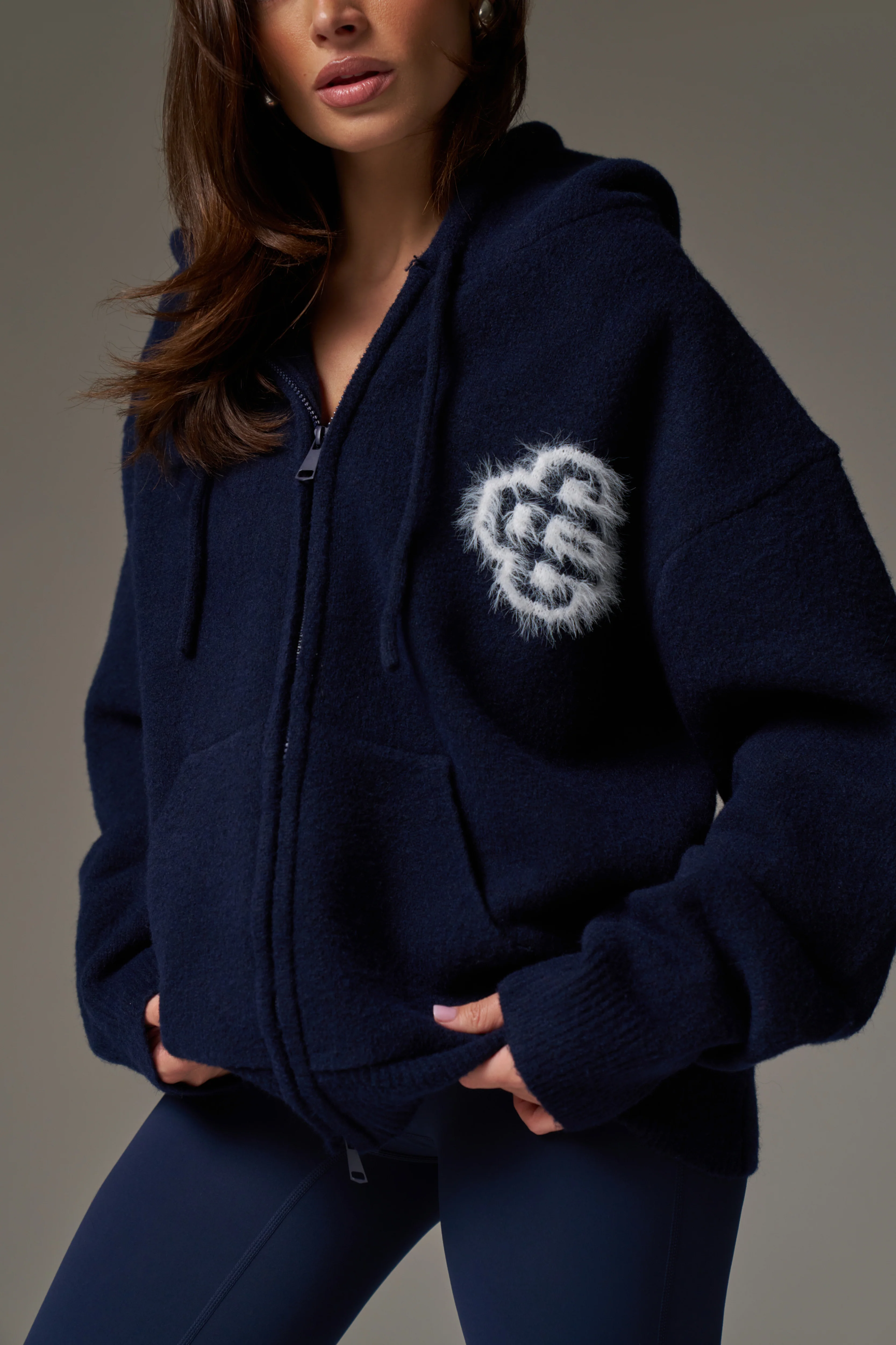 FLUFFY EMBLEM ZIP THROUGH KNITTED HOODIE - NAVY - Image 6