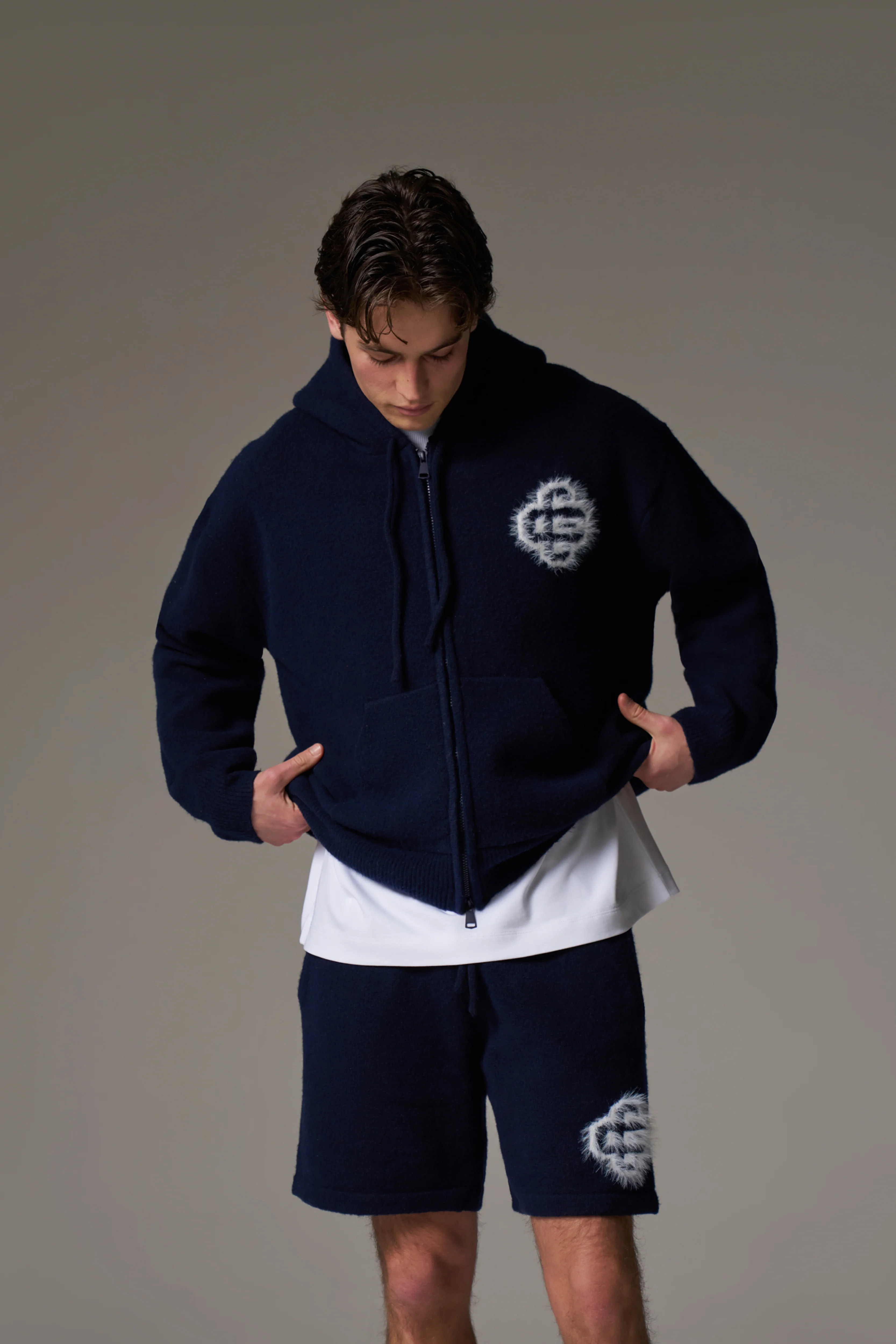 FLUFFY EMBLEM ZIP THROUGH KNITTED HOODIE - NAVY - Image 7
