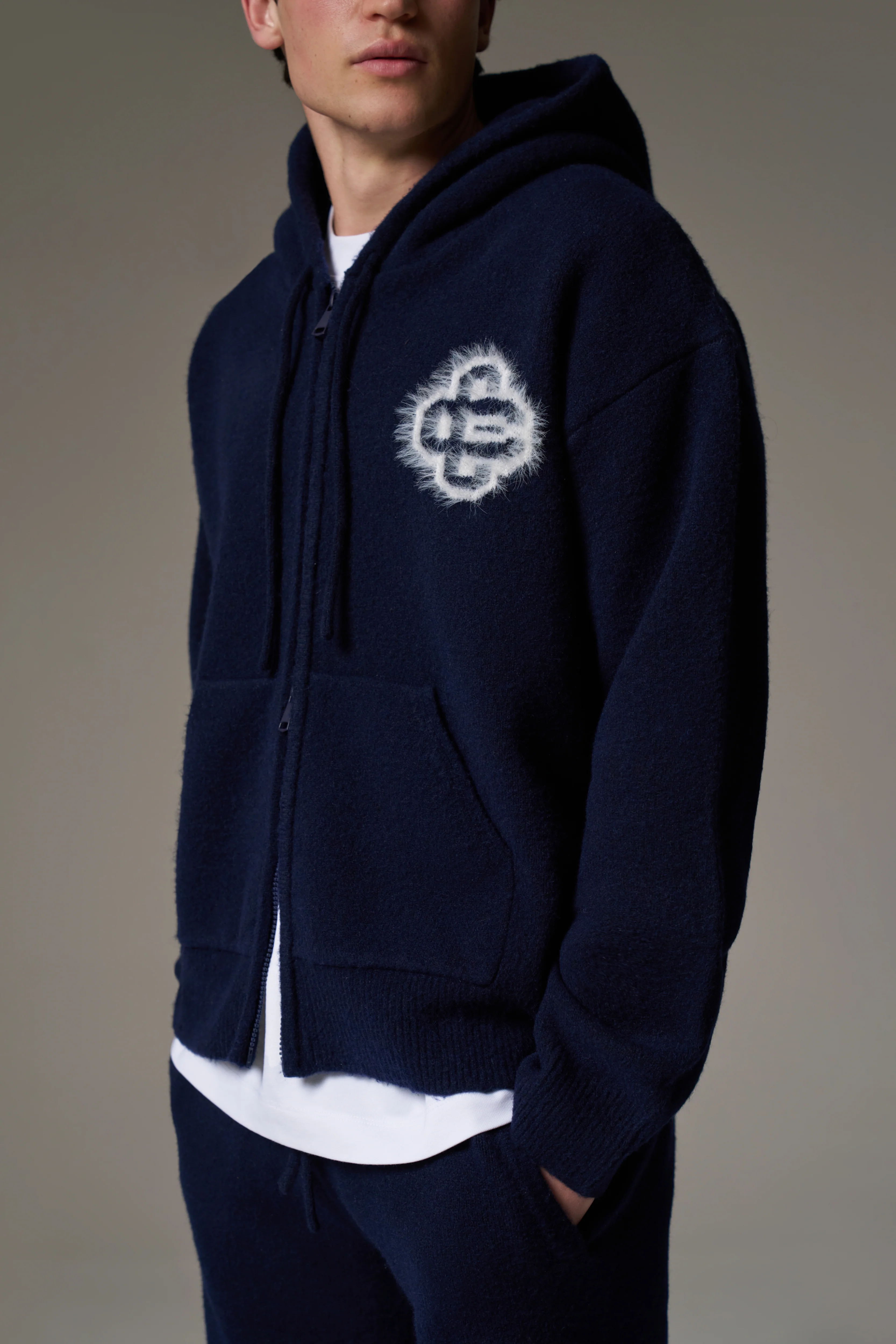 FLUFFY EMBLEM ZIP THROUGH KNITTED HOODIE - NAVY - Image 8