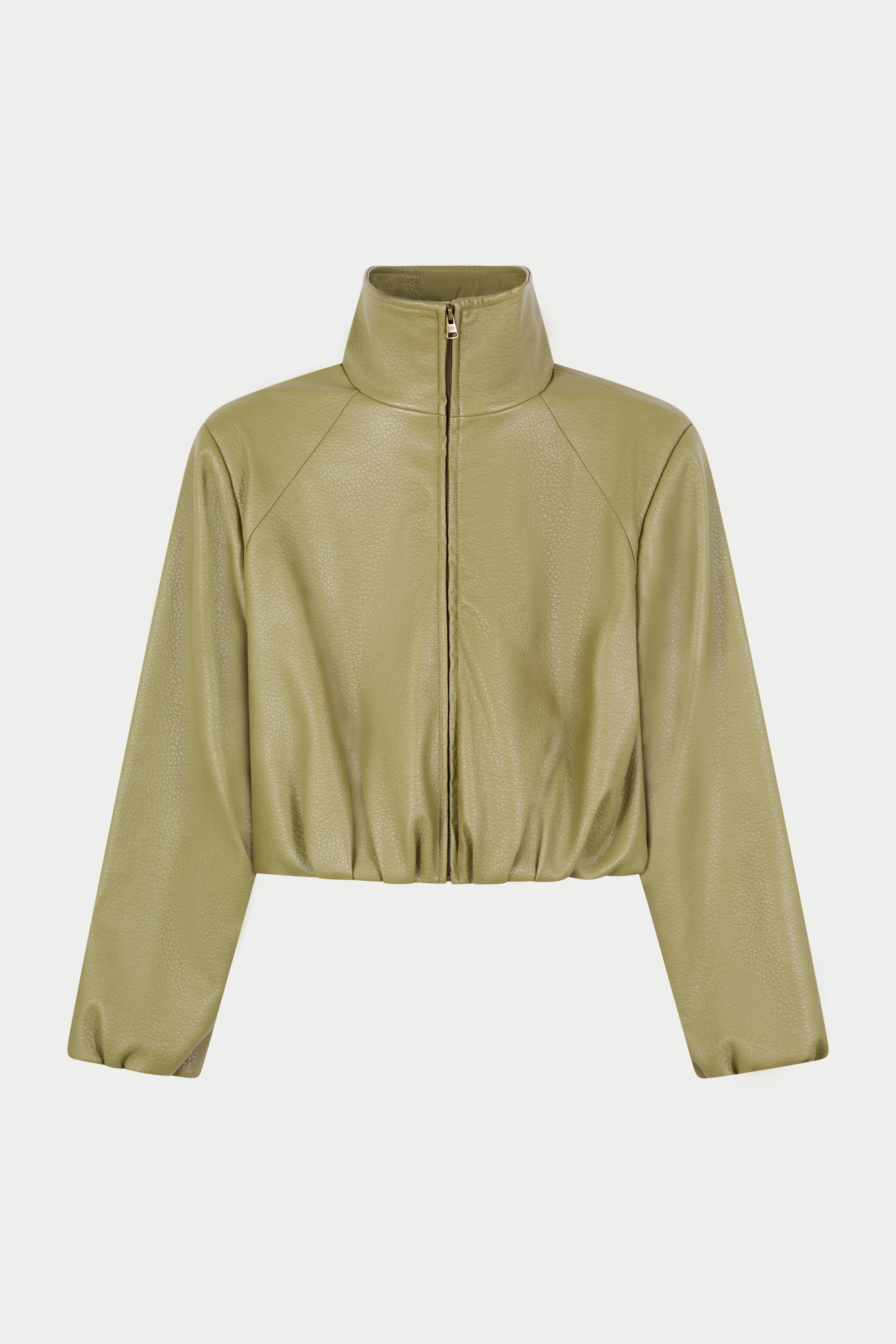 FUNNEL NECK BALLOON HEM FAUX LEATHER JACKET - OLIVE