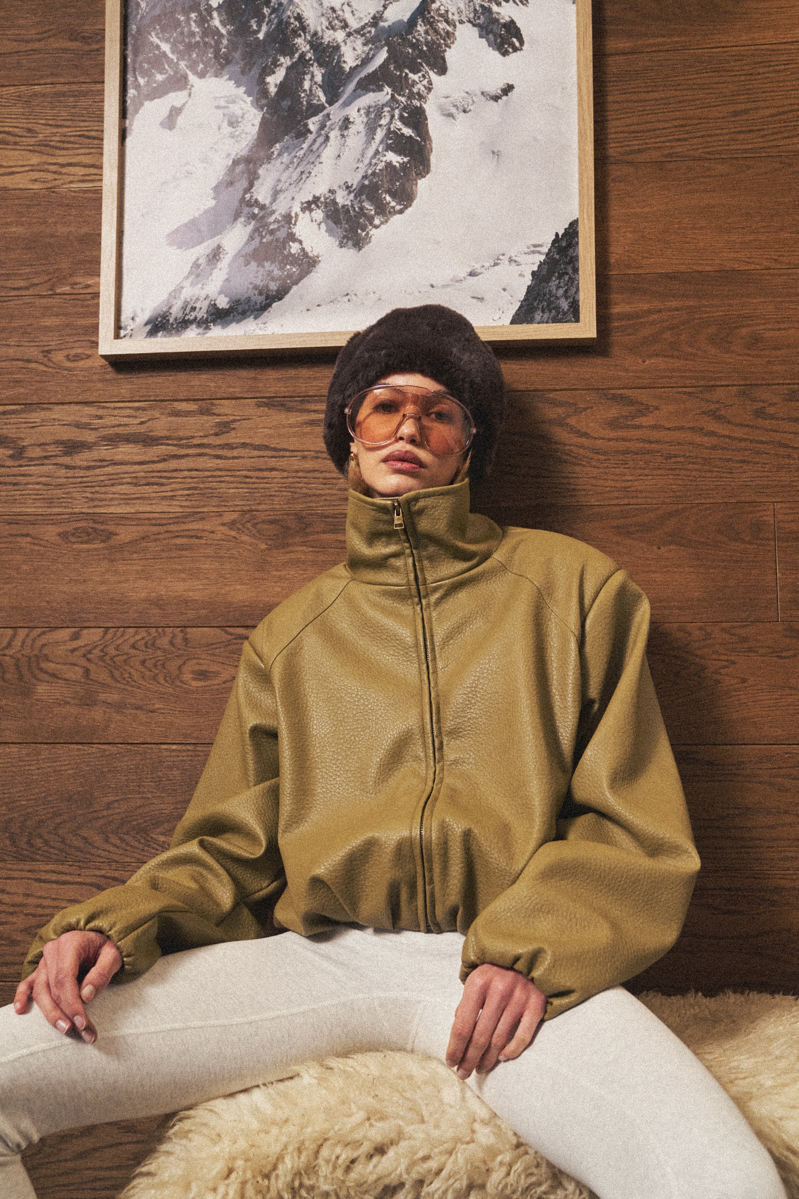 FUNNEL NECK BALLOON HEM FAUX LEATHER JACKET - OLIVE - Image 2