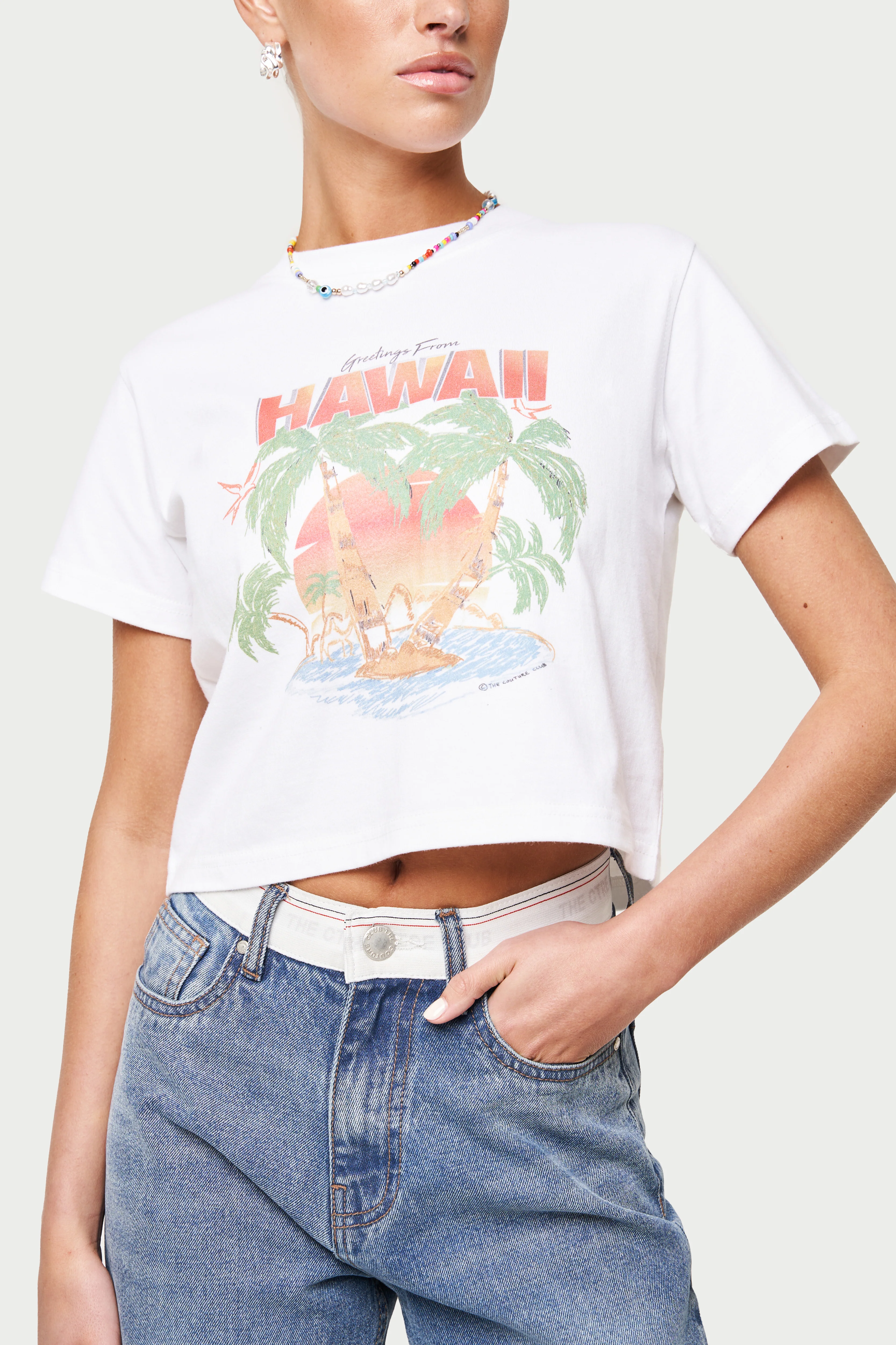 HAWAIIAN PRINT CROPPED T-SHIRT - WHITE - Image 6