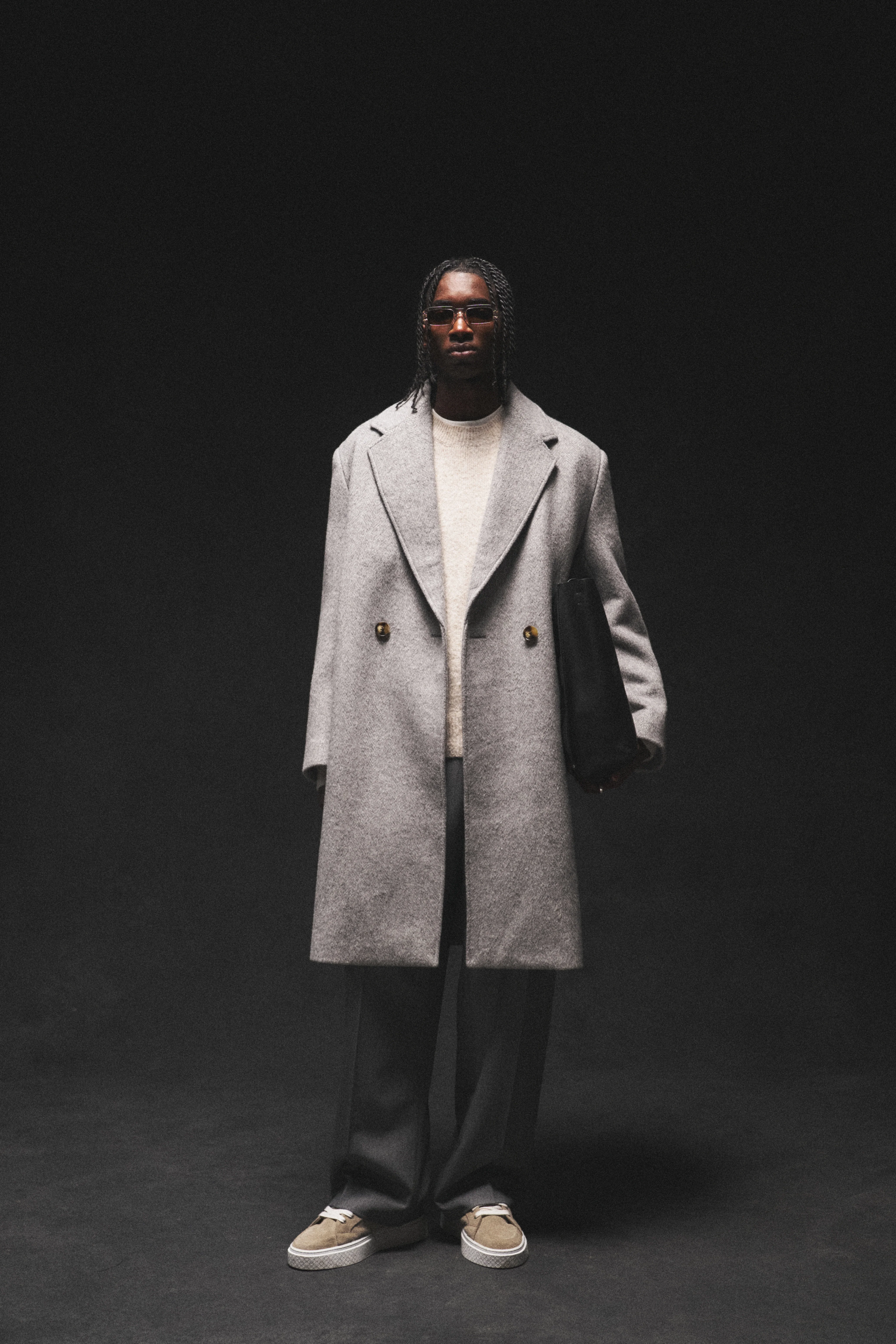 HERRINGBONE WOOL LONGLINE DUSTER COAT - GREY - Image 2