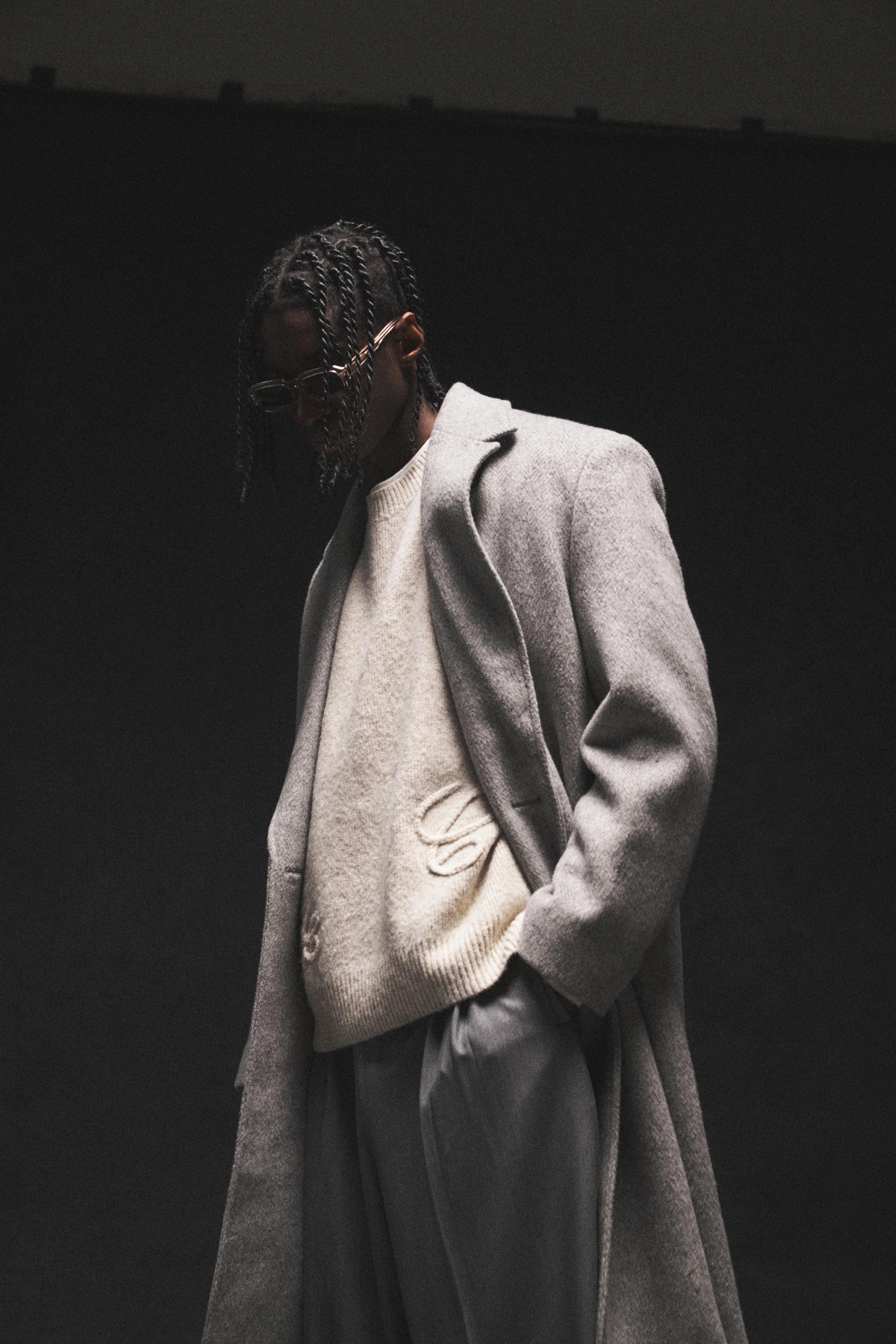 HERRINGBONE WOOL LONGLINE DUSTER COAT - GREY - Image 3