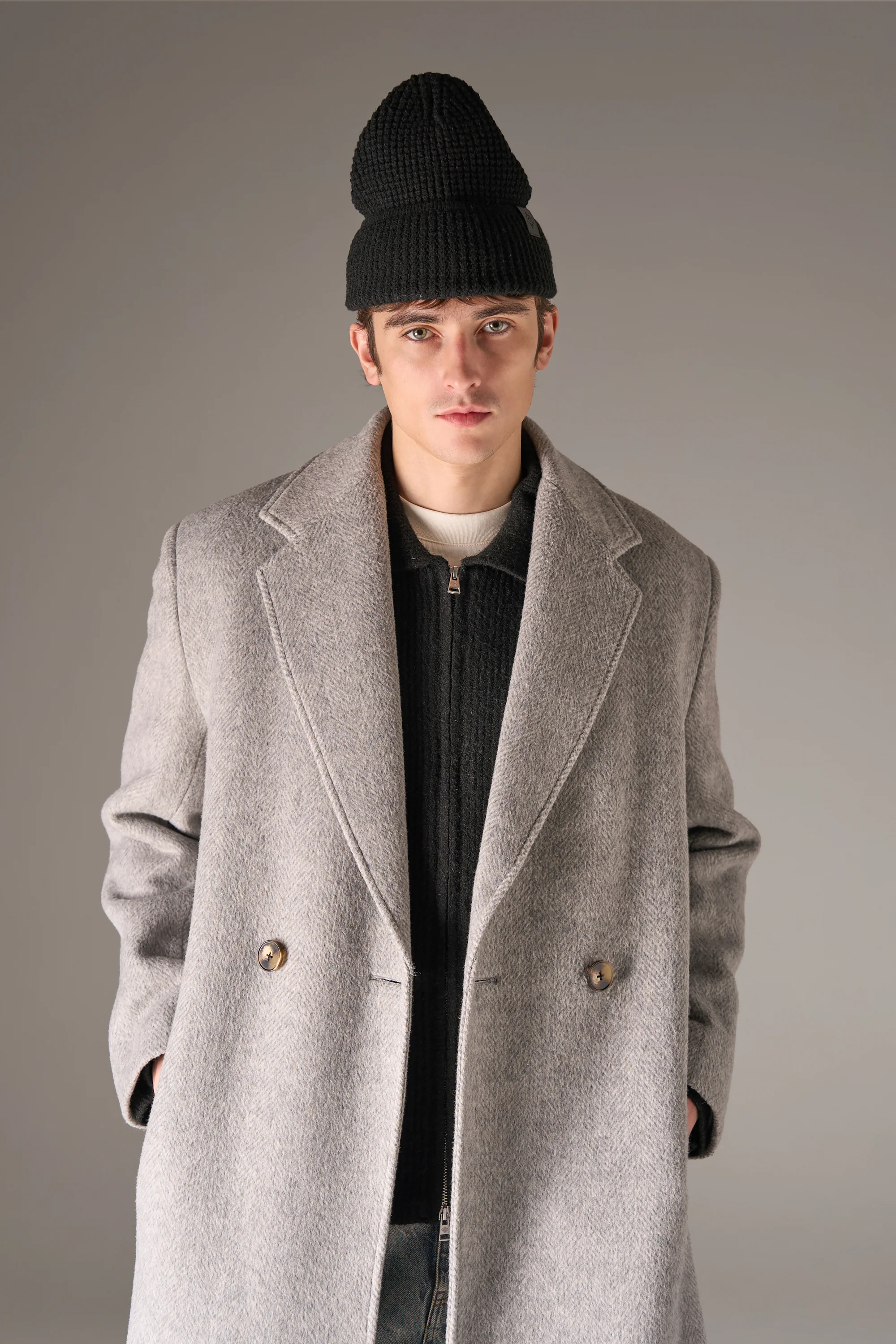 HERRINGBONE WOOL LONGLINE DUSTER COAT - GREY - Image 4